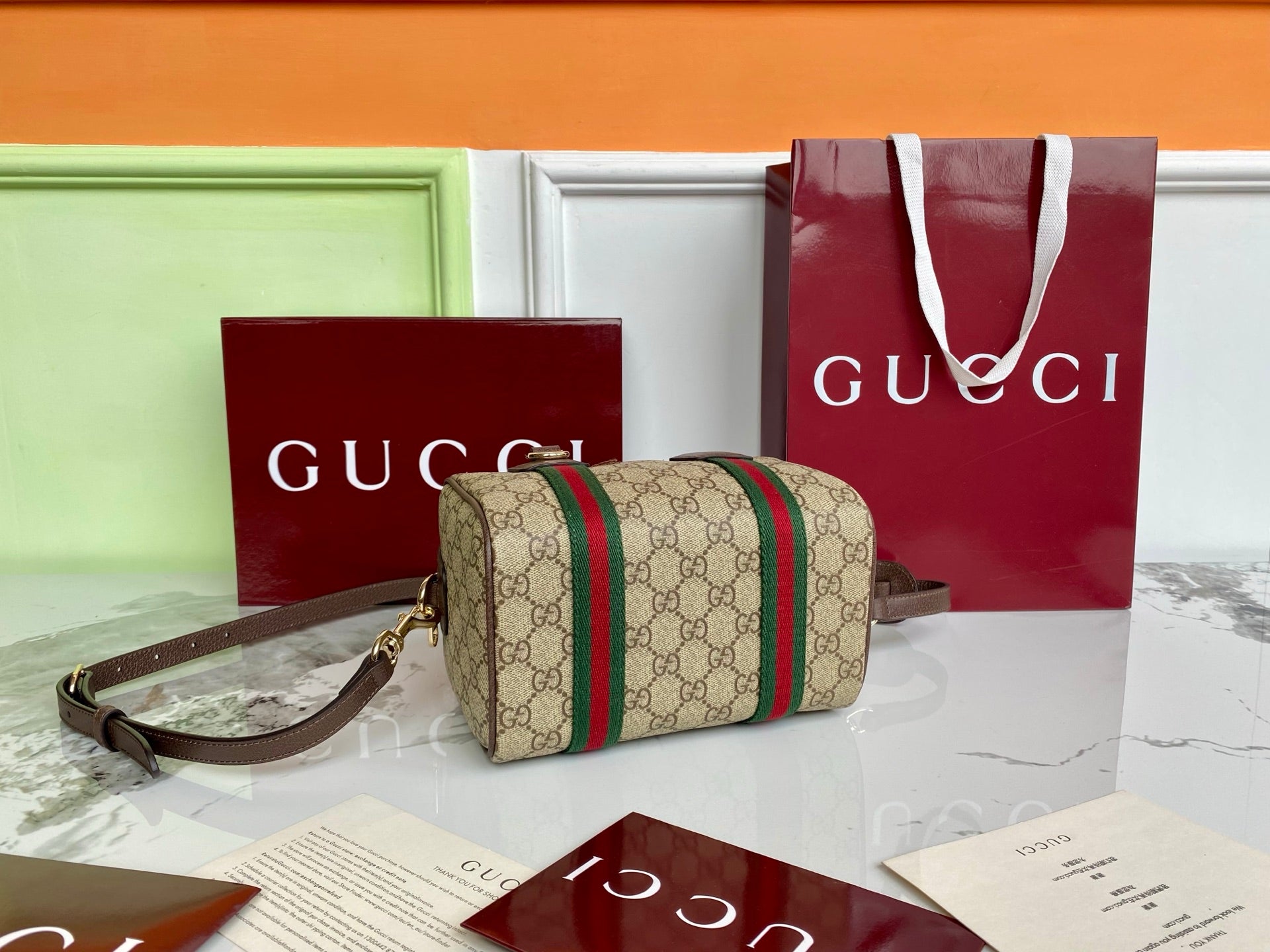 Gucci 25 GG Handbag Beige mix Dark Brown Canvas Leather 286711