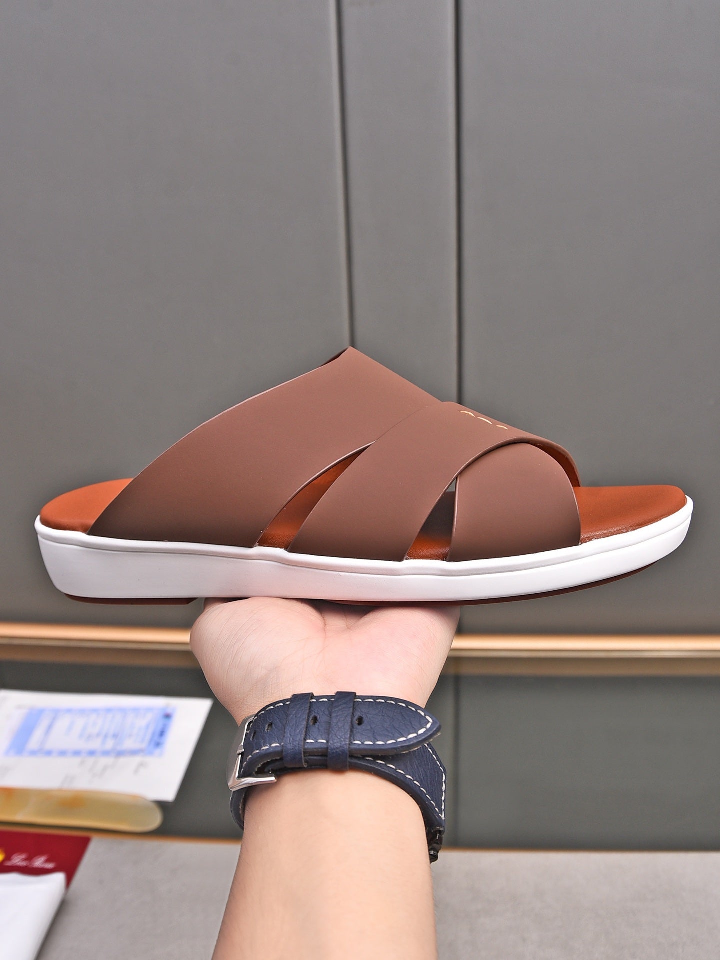 LP INTERWOVEN STRAPS SLIPPERS CHOCOLATE CALFSKIN