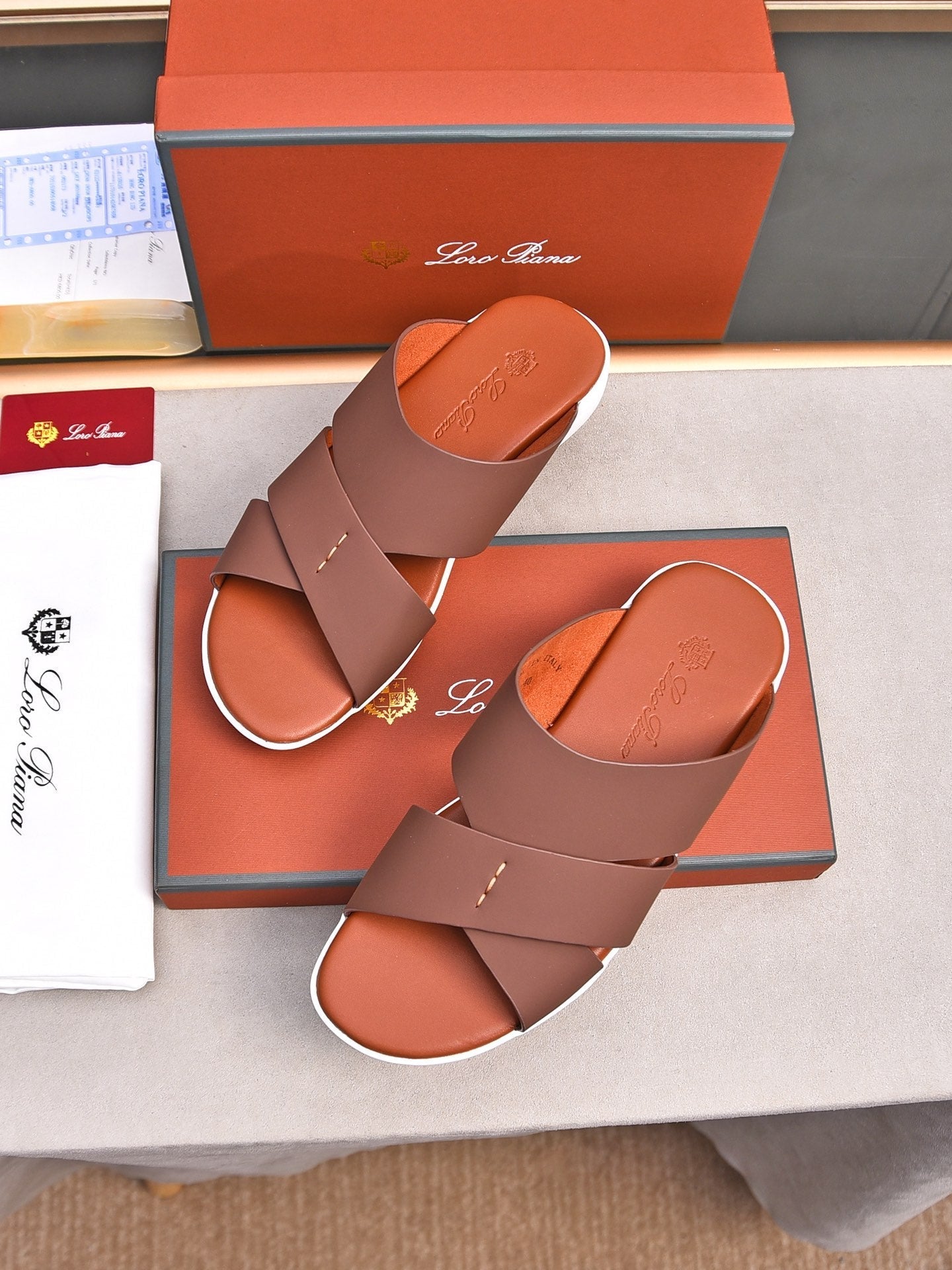 LP INTERWOVEN STRAPS SLIPPERS CHOCOLATE CALFSKIN