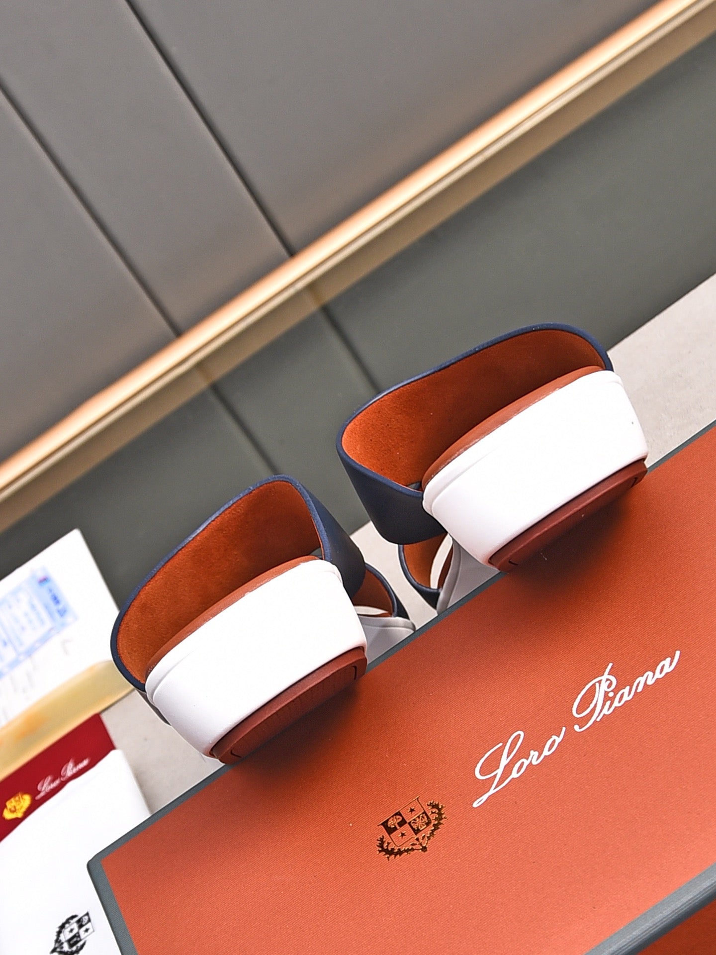 LP INTERWOVEN STRAPS SLIPPERS NAVY CALFSKIN