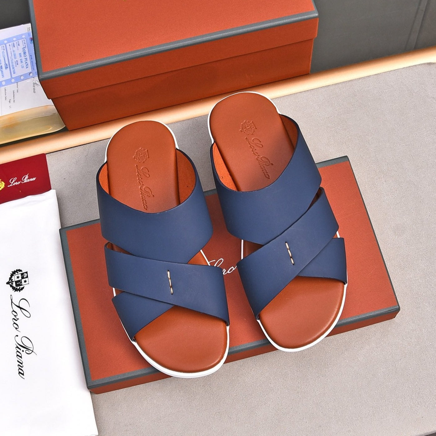 LP INTERWOVEN STRAPS SLIPPERS NAVY CALFSKIN