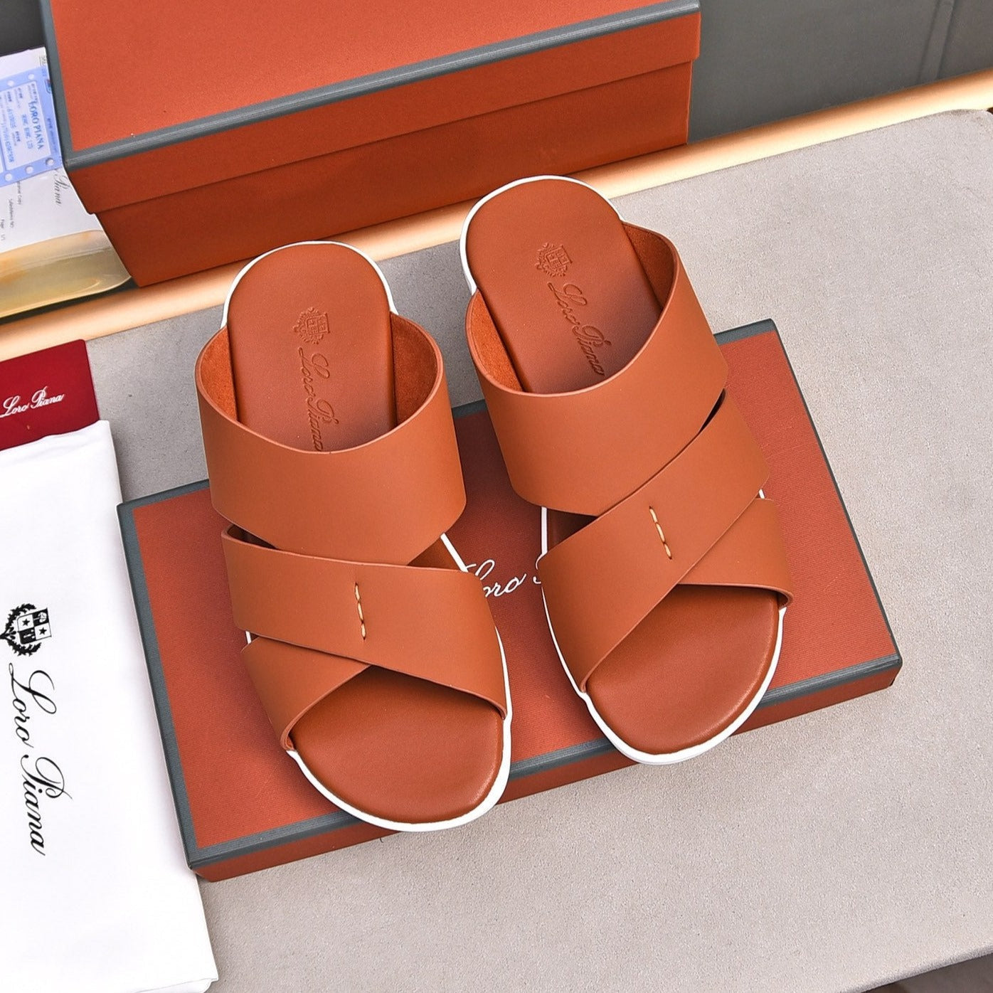 LP INTERWOVEN STRAPS SLIPPERS FIRE CALFSKIN