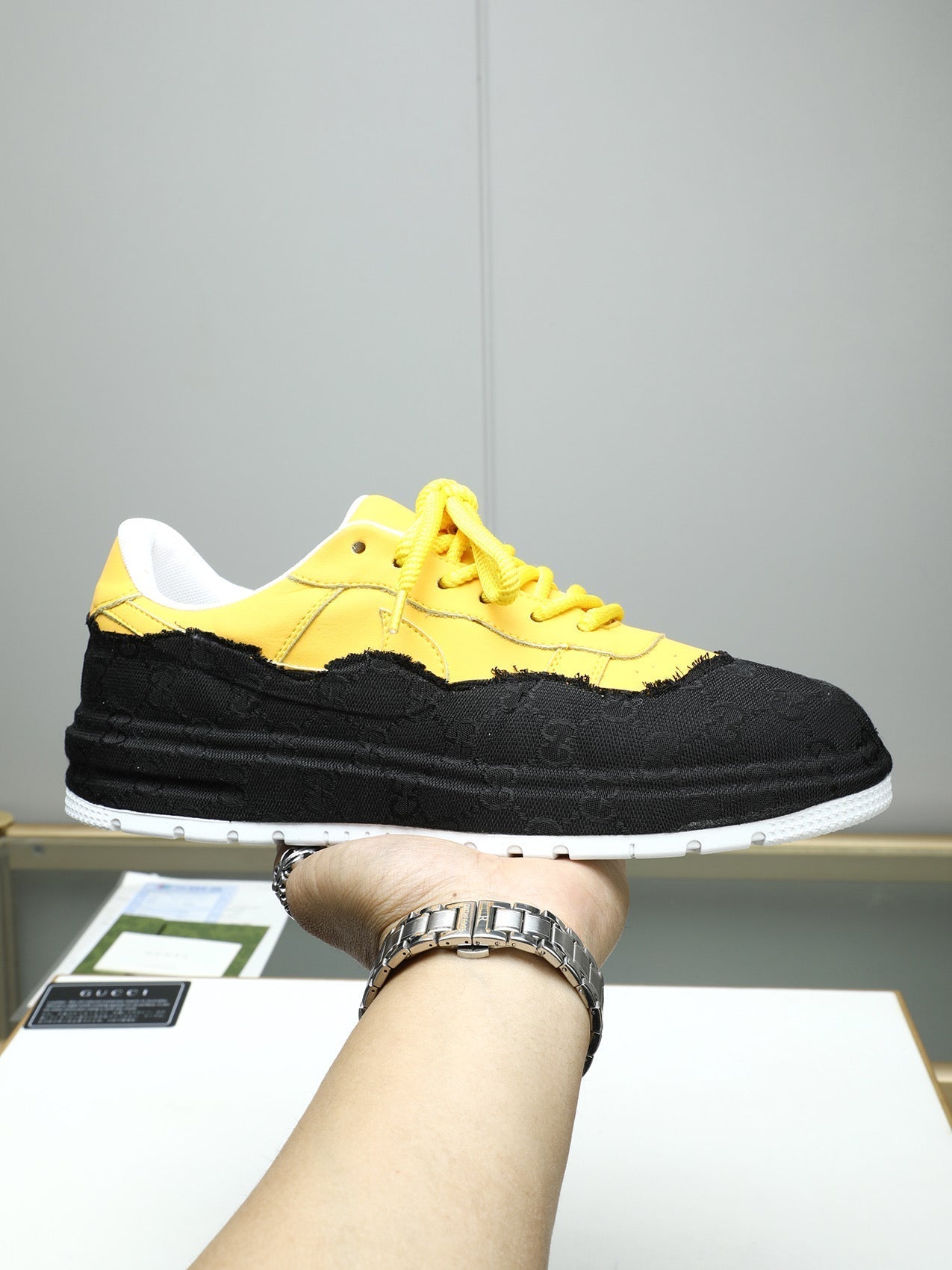 GG Men's Sneaker Black Yellow Cowhide 587318