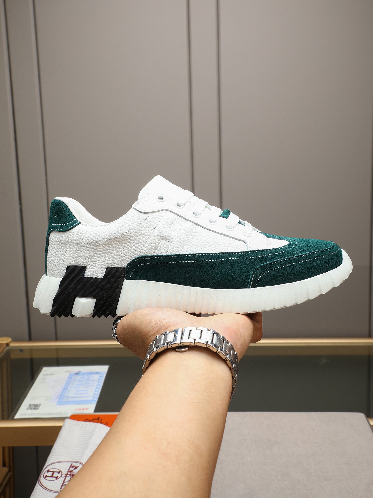 HM Men's Bouncing Sneakers White Green Sheepskin Suede 664382