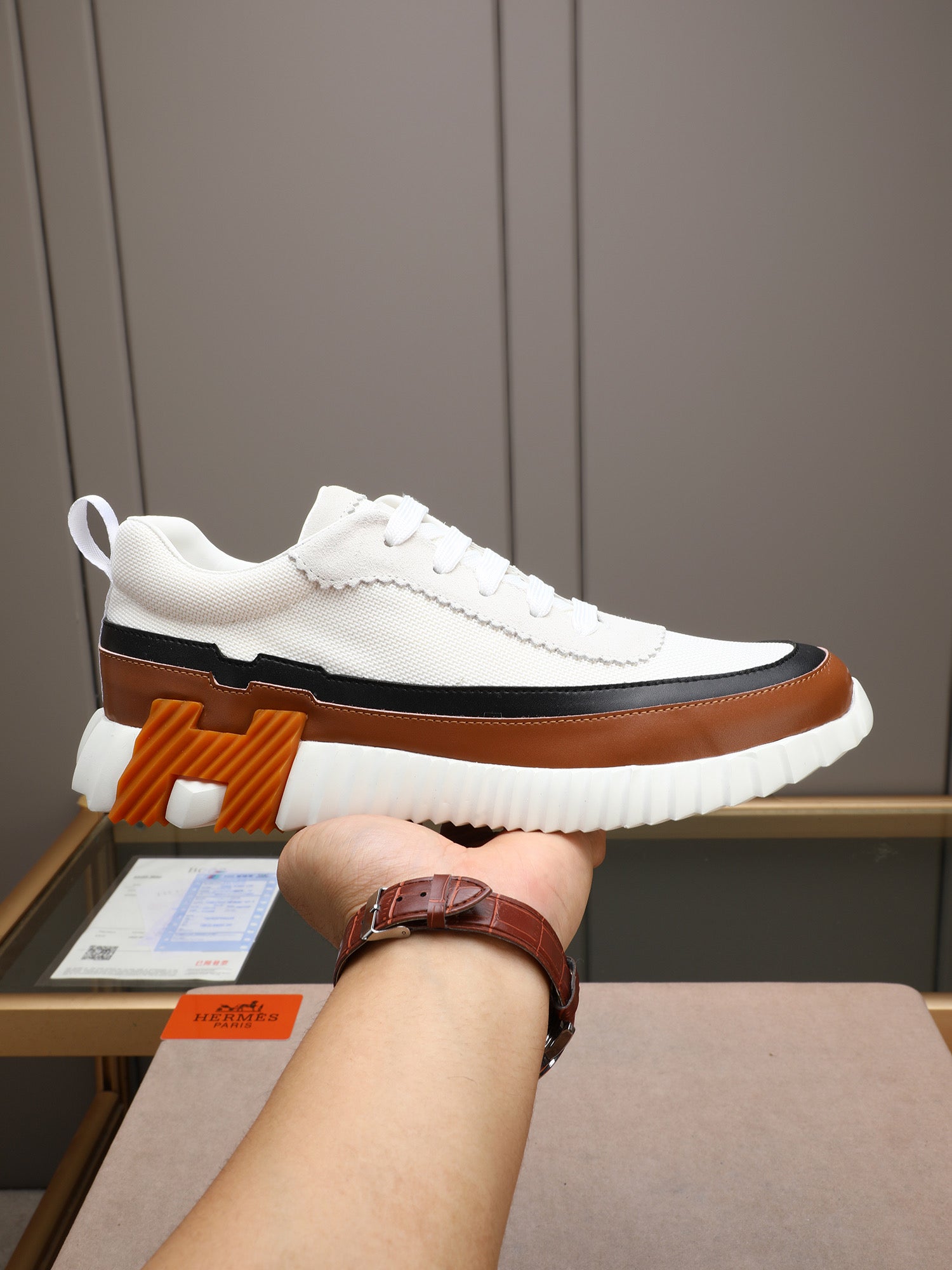 HM Men's Bouncing Sneaker White Brown Calfskin Fabric 754130