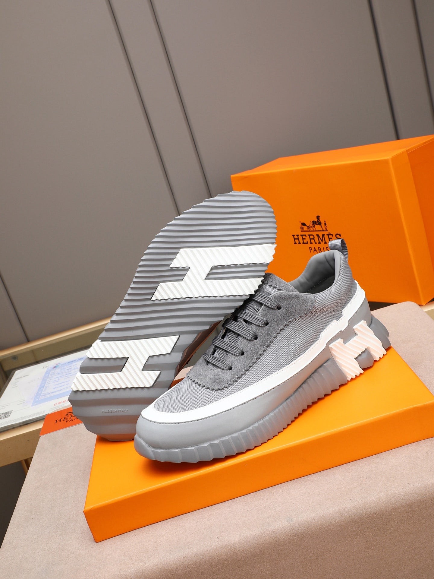 HM Men's Bouncing Sneaker Grey Calfskin Fabric 754132