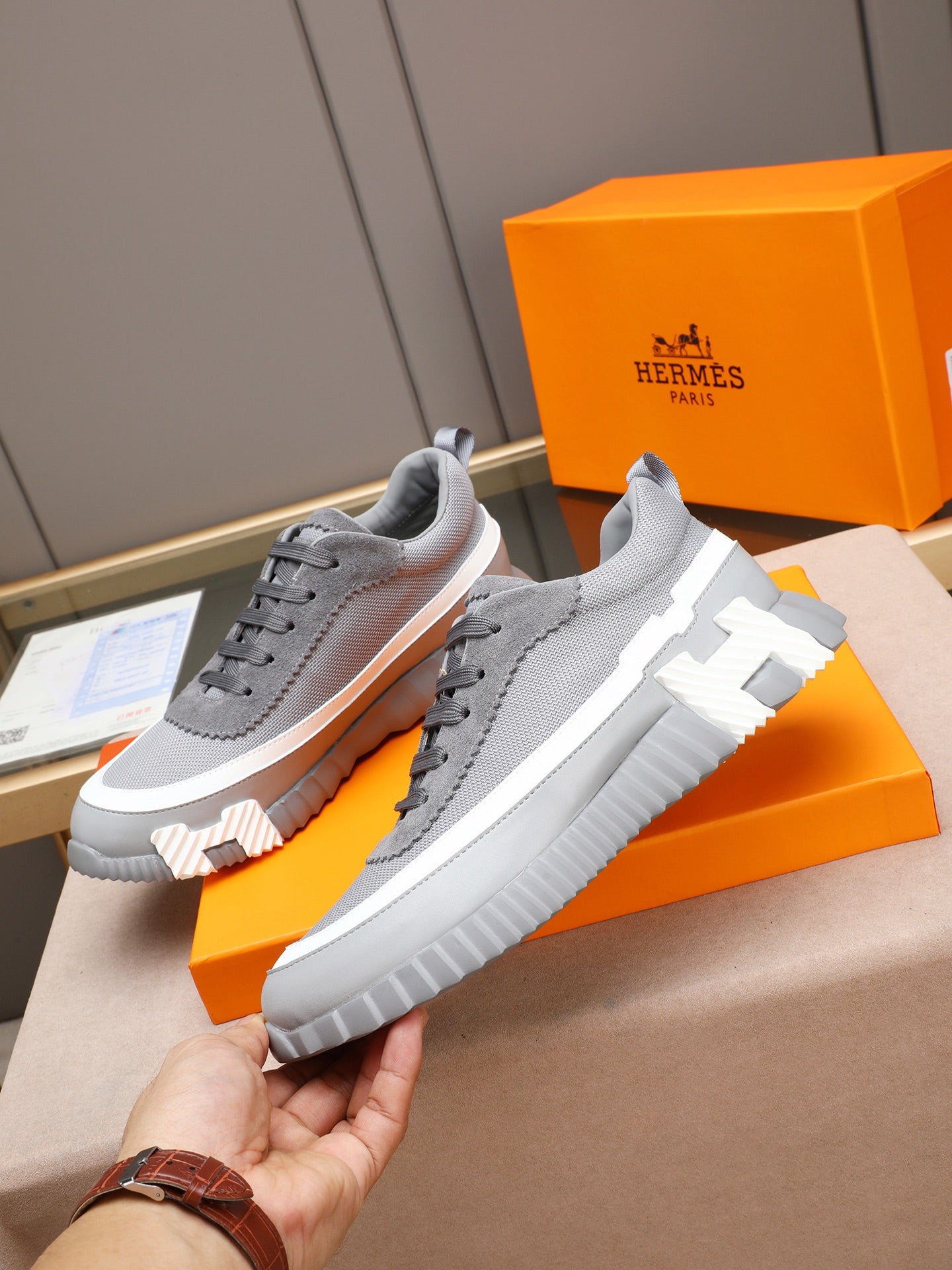 HM Men's Bouncing Sneaker Grey Calfskin Fabric 754132