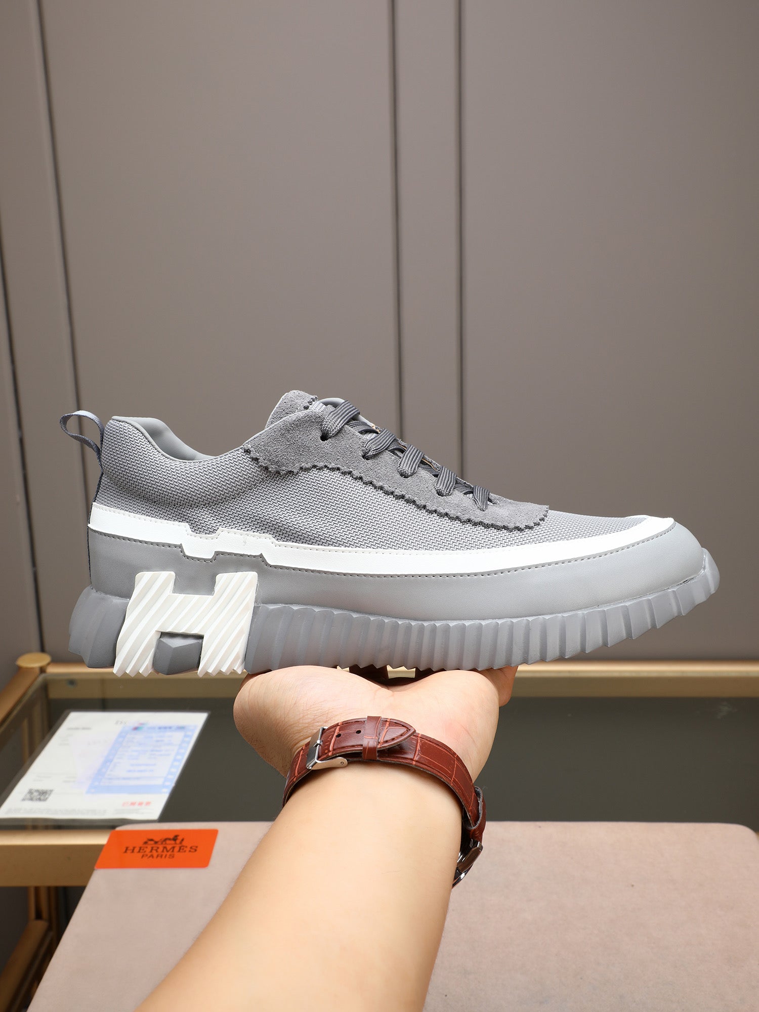 HM Men's Bouncing Sneaker Grey Calfskin Fabric 754132