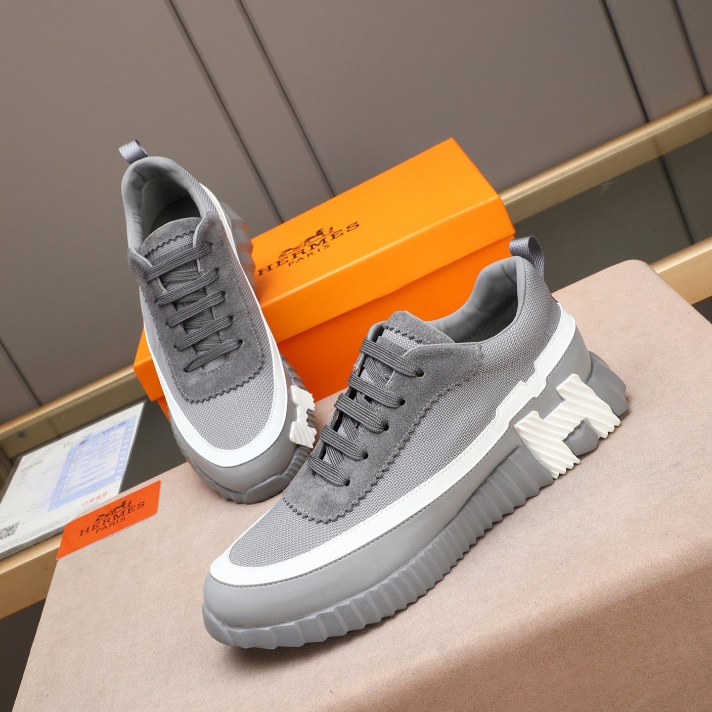 HM Men's Bouncing Sneaker Grey Calfskin Fabric 754132