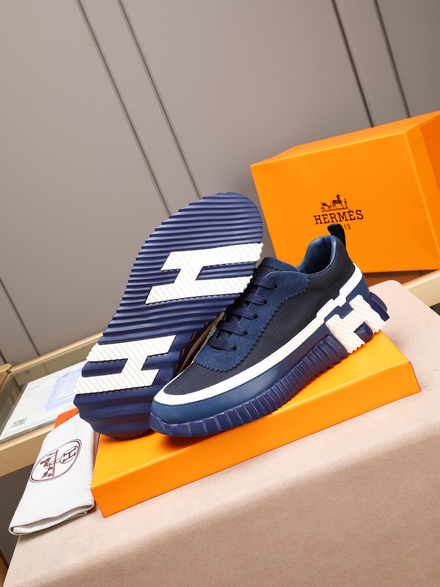 HM Men's Bouncing Sneaker Blue Calfskin Fabric 754133