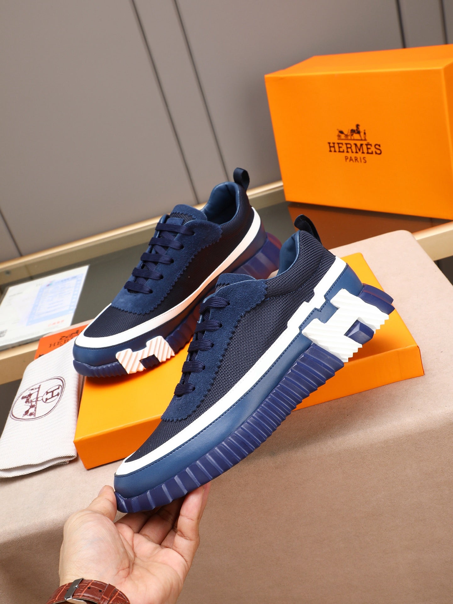 HM Men's Bouncing Sneaker Blue Calfskin Fabric 754133