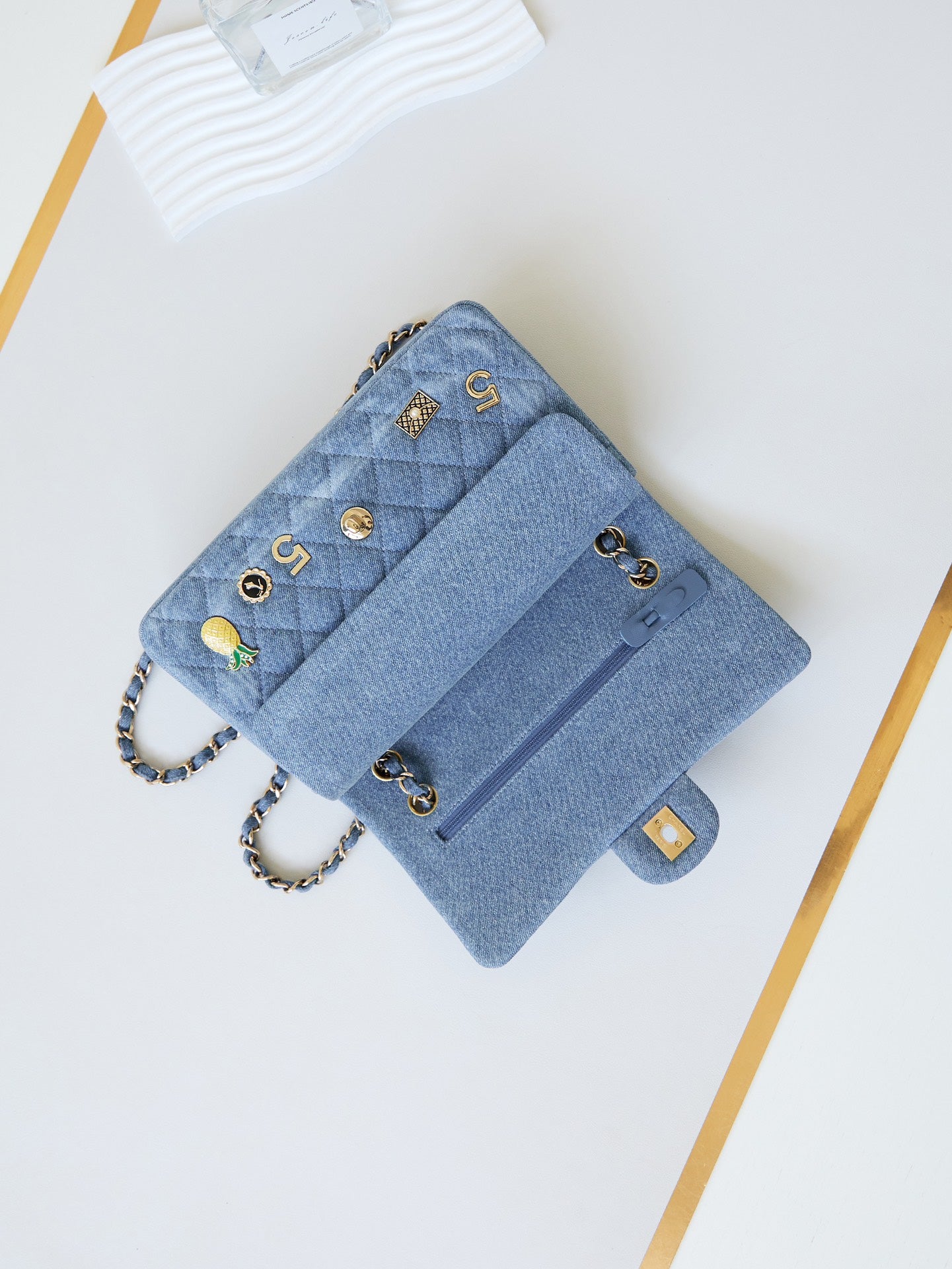 CC 24K Flap Bag 20cm Multi Charm Blue Denim Gold Hardware