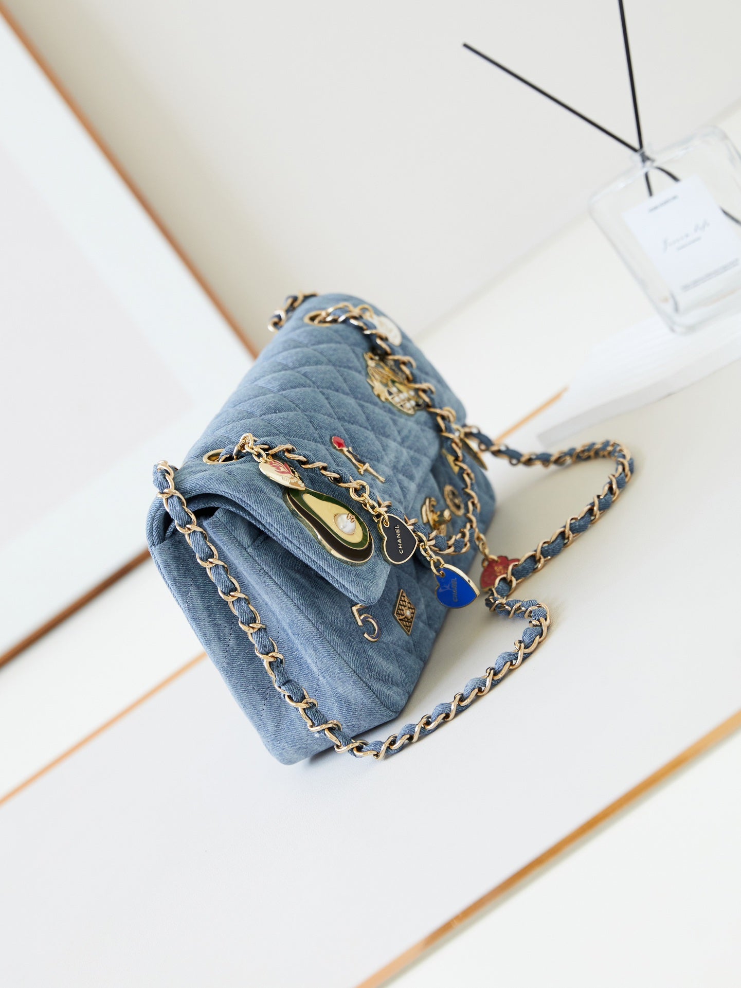 CC 24K Flap Bag 20cm Multi Charm Blue Denim Gold Hardware