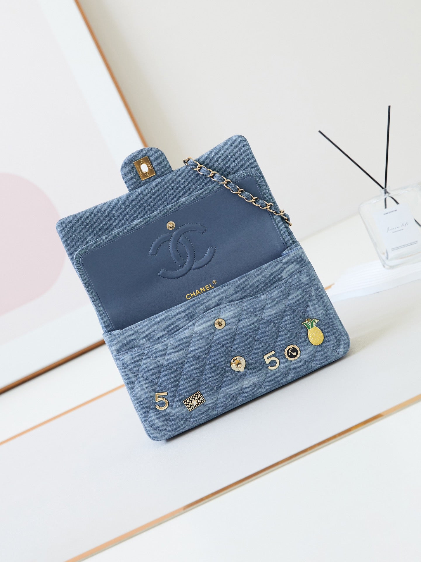 CC 24K Flap Bag 20cm Multi Charm Blue Denim Gold Hardware