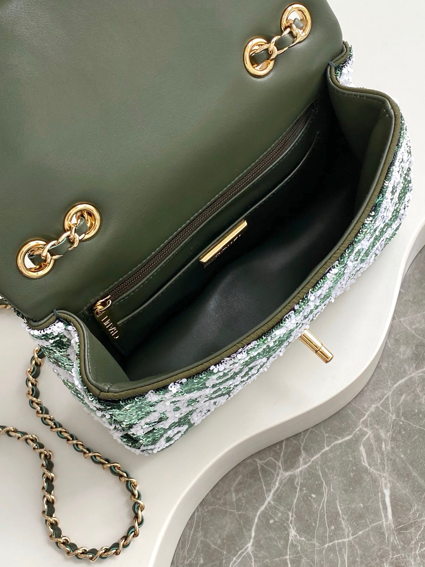 CC 25C Dark Green White Sequin Gold Hardware
