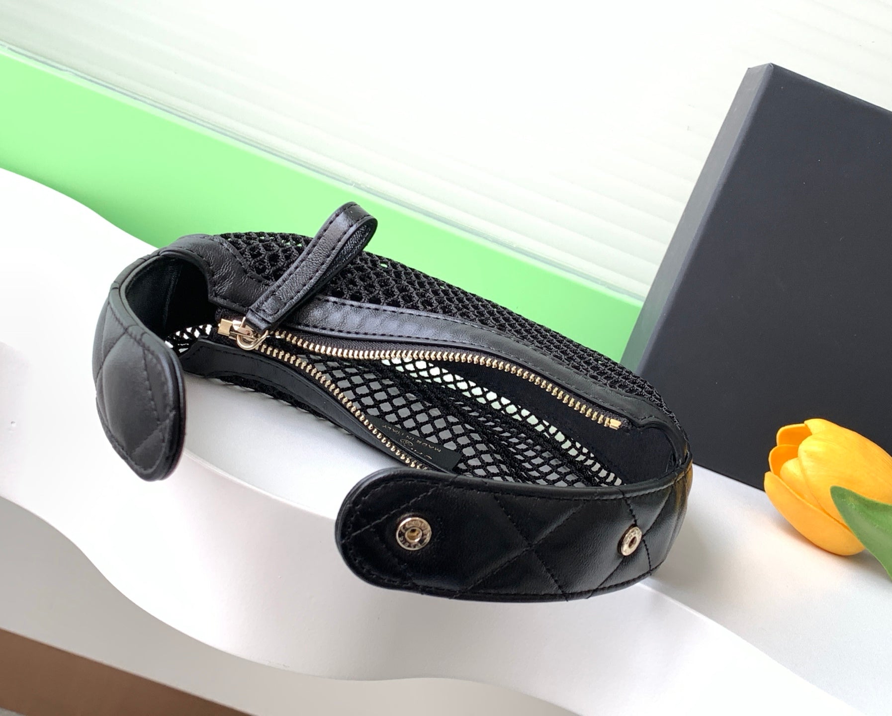 CC 25S Pouch Bag 17cm Black Mesh Calfskin
