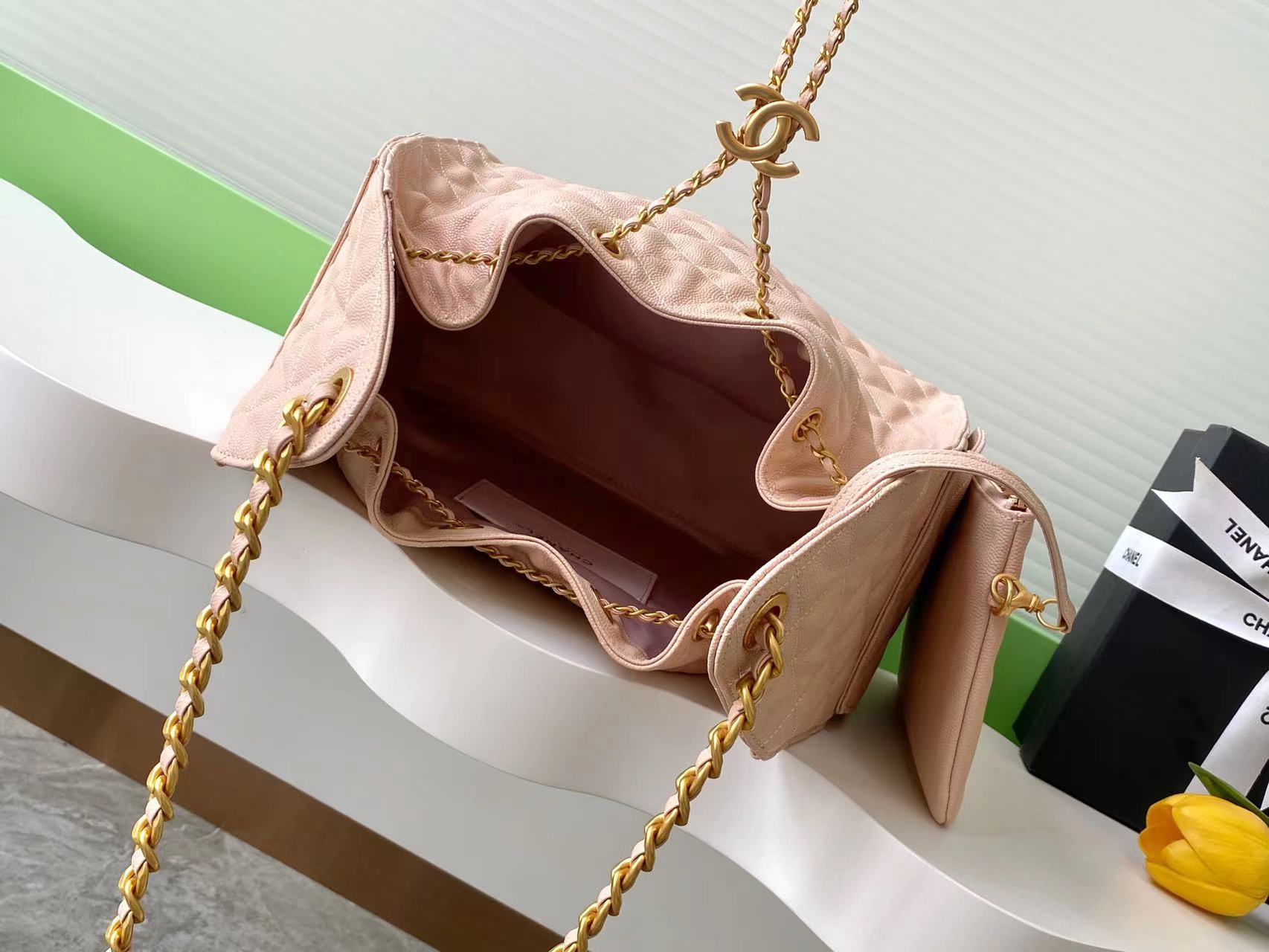 CC 25C Hobo Bags 40cm Pink Beige Grained Calfskin