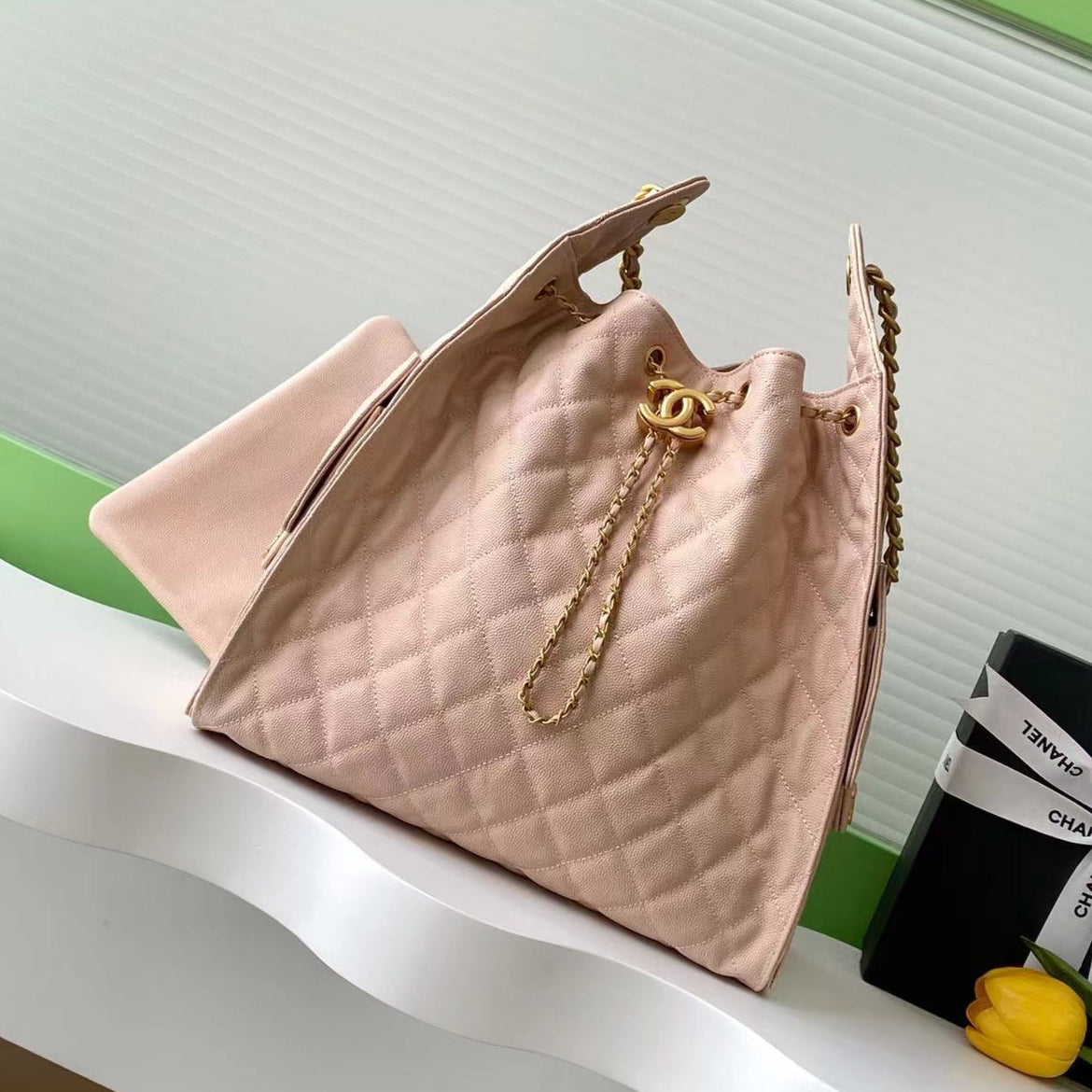 CC 25C Hobo Bags 40cm Pink Beige Grained Calfskin