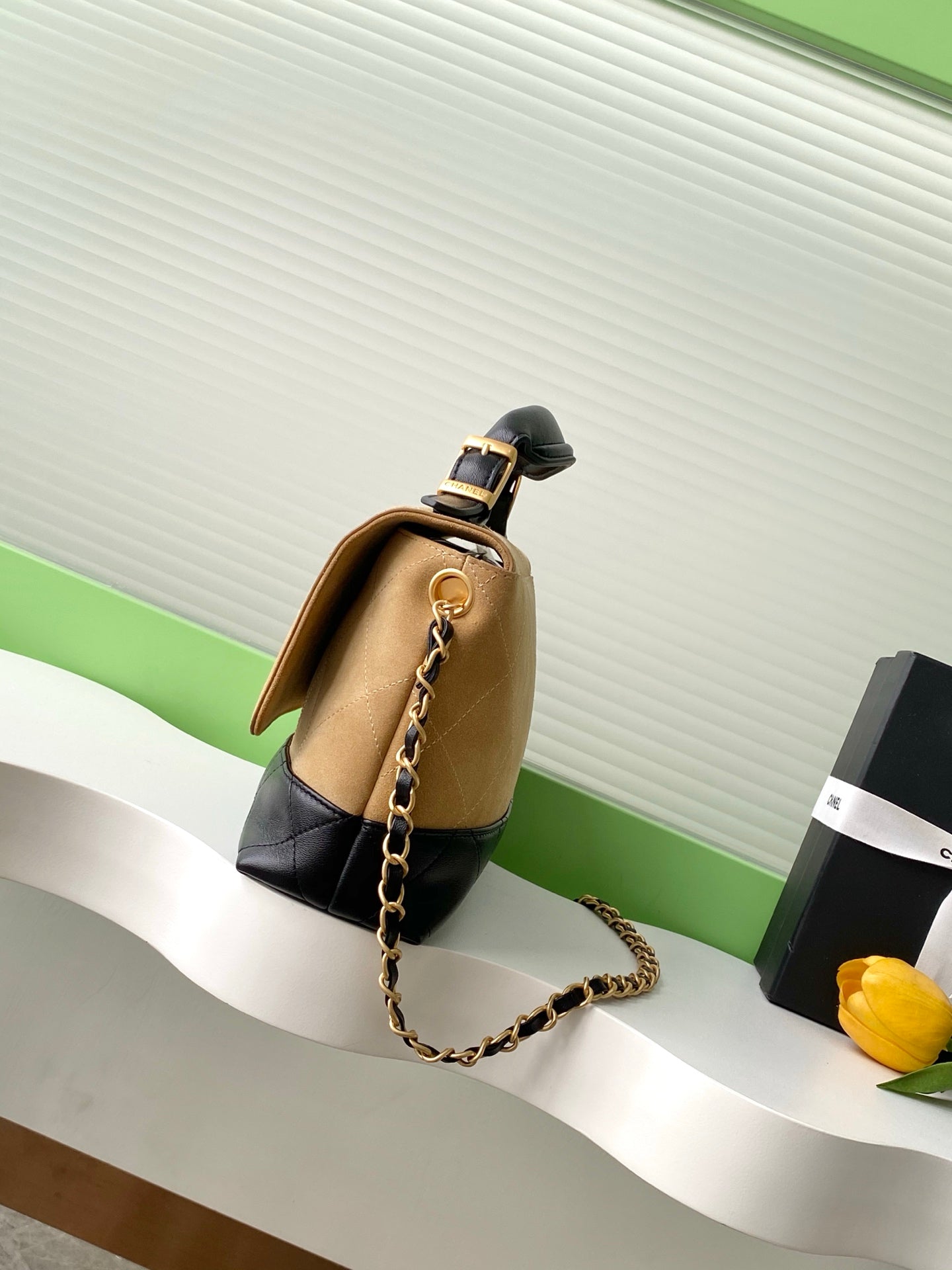 CC 25A Flap Bag 29cm Beige Suede Black Calfskin