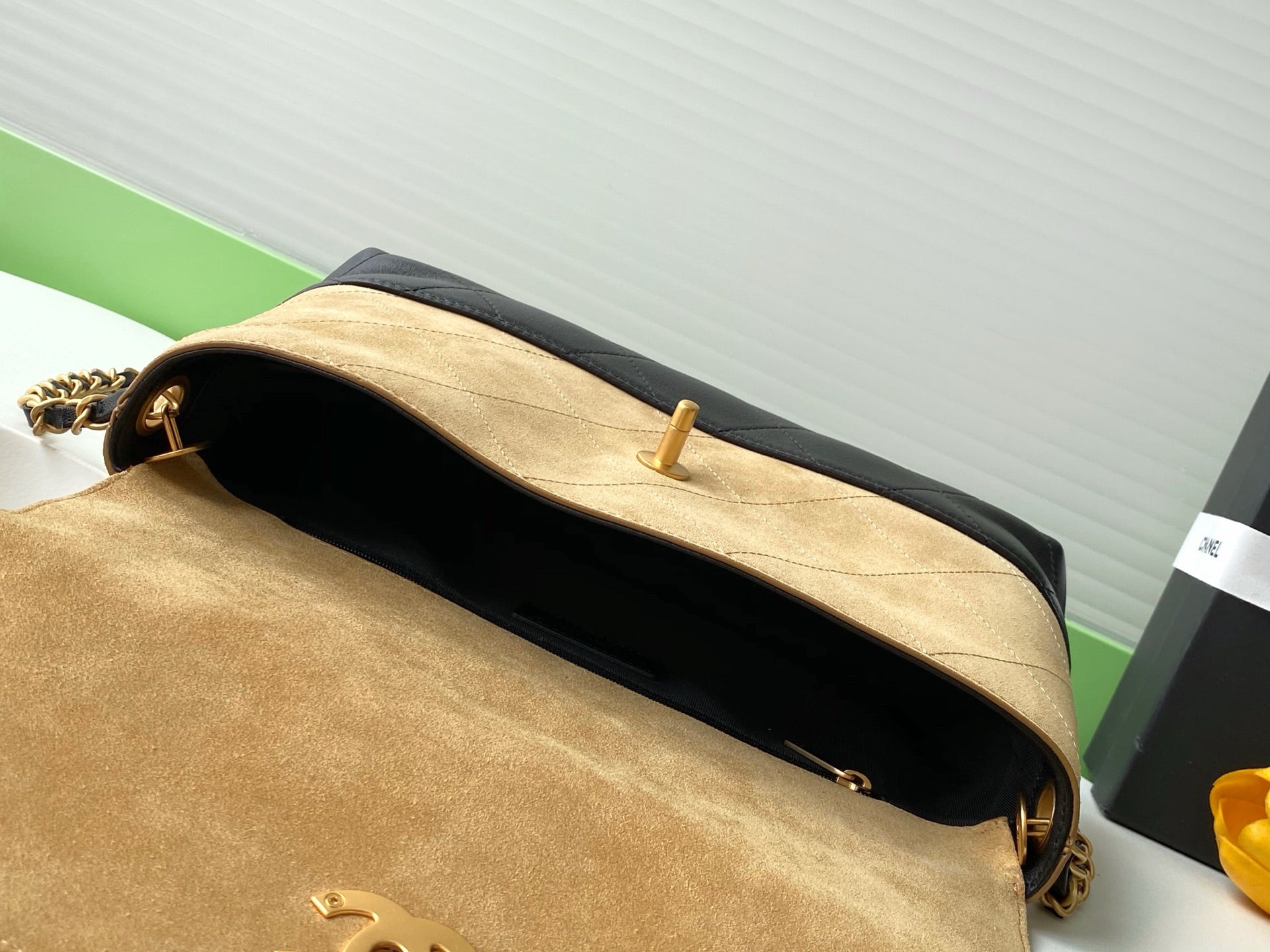 CC 25A Flap Bag 29cm Beige Suede Black Calfskin