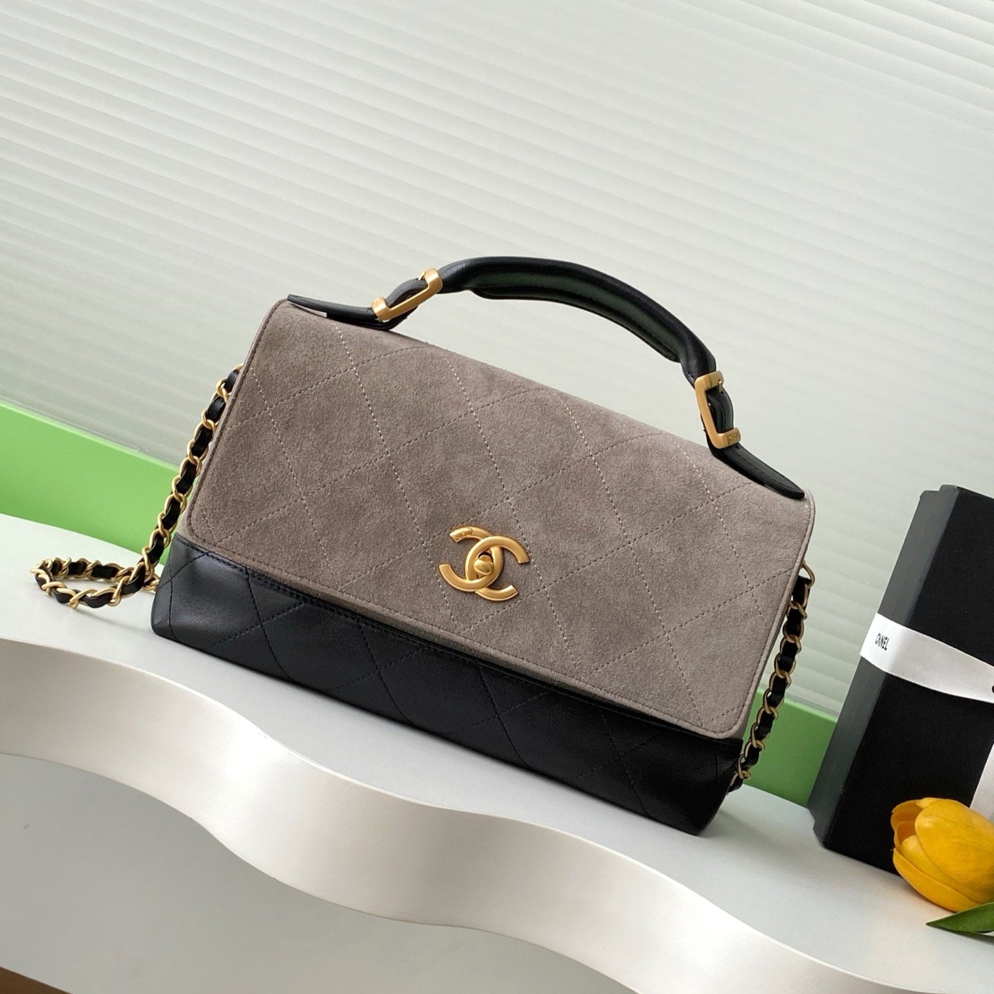 CC 25A Flap Bag 29cm Grey Suede Black Calfskin