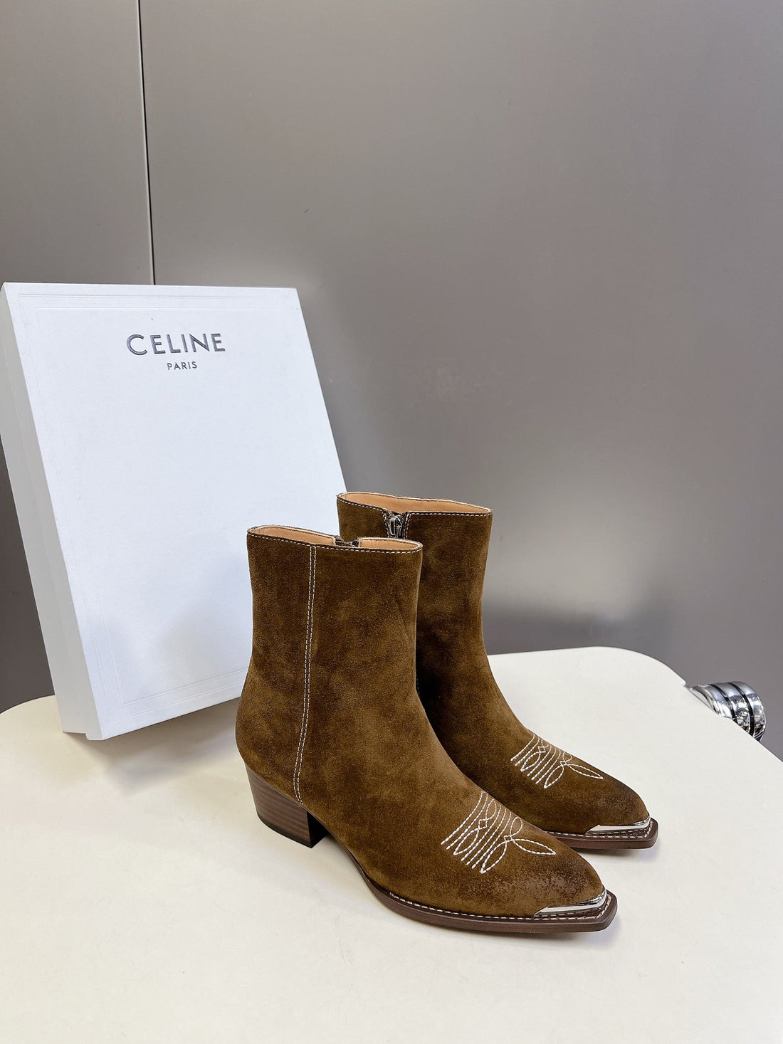 CELINE 25 Cowboy Boots Brown Suede 434416