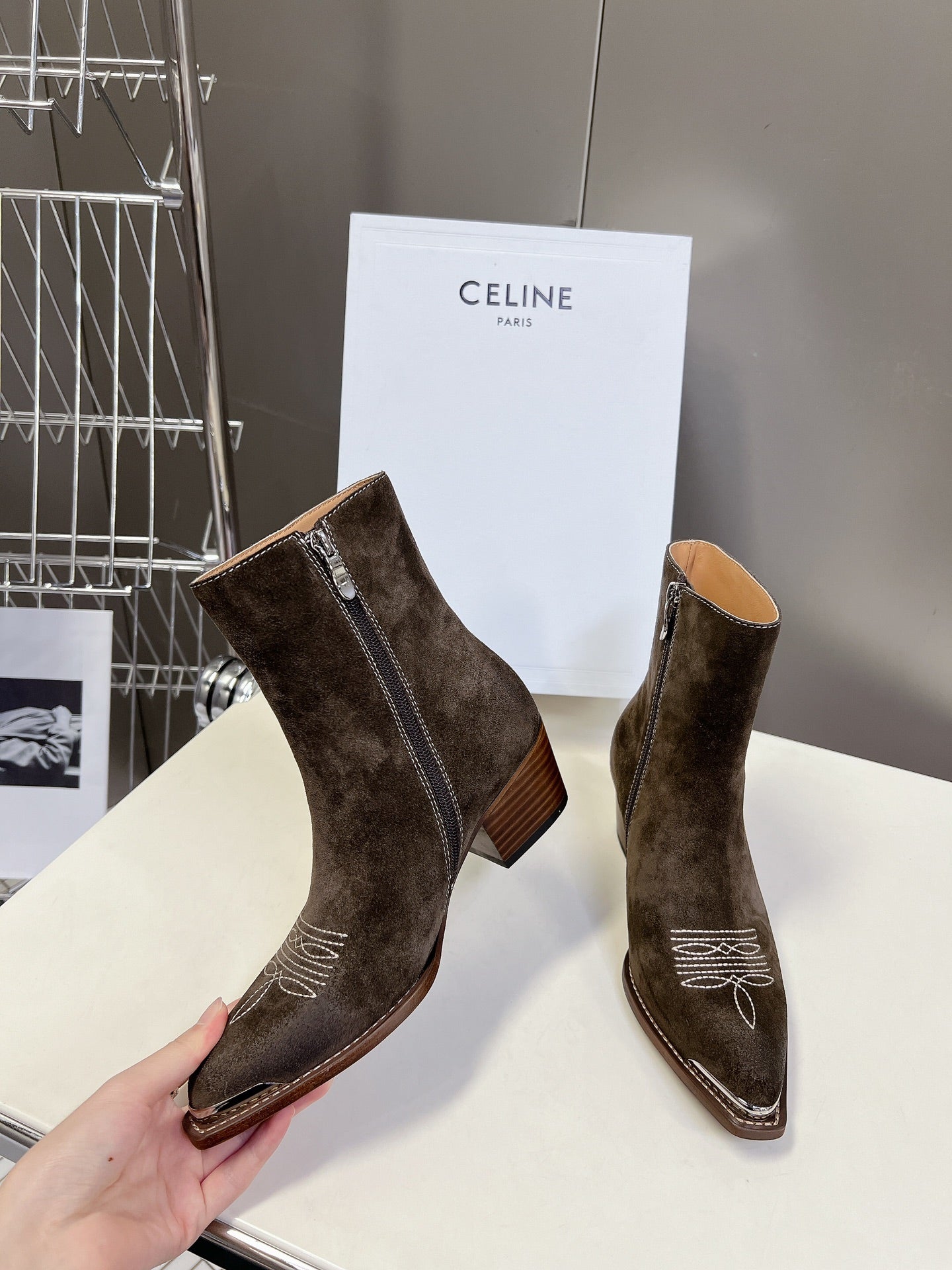 CELINE 25 Cowboy Boots Dark  Brown Suede 434417