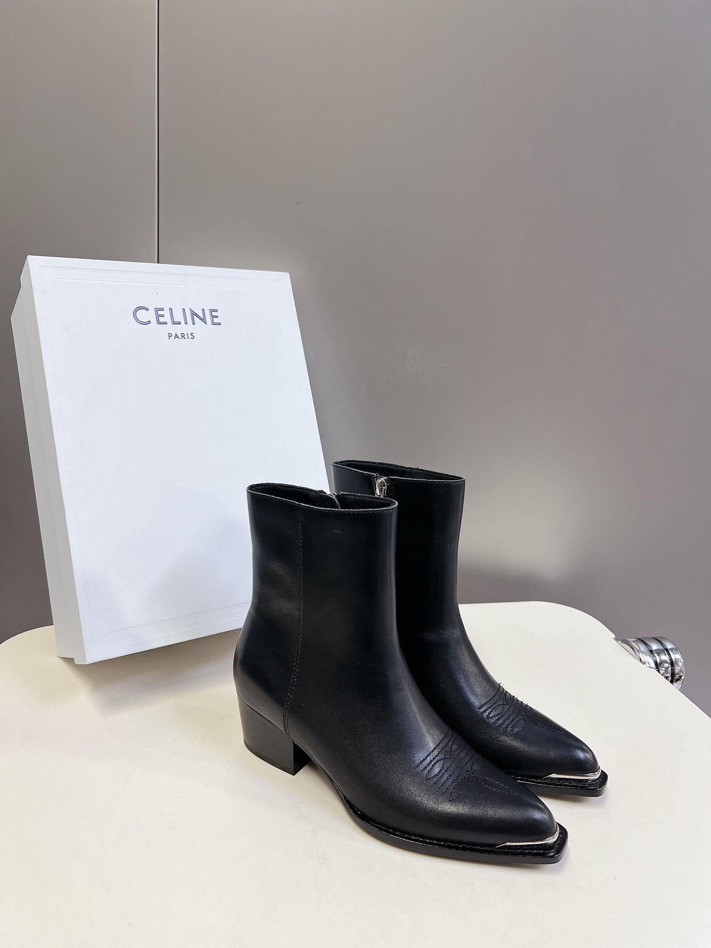 CELINE 25 Cowboy Boots Black Calfskin 434419