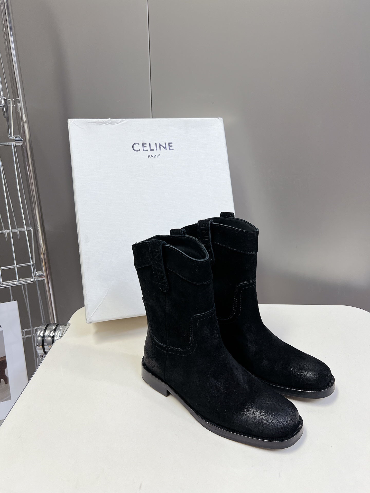 CELINE 25 cowboy boots black suede 434414