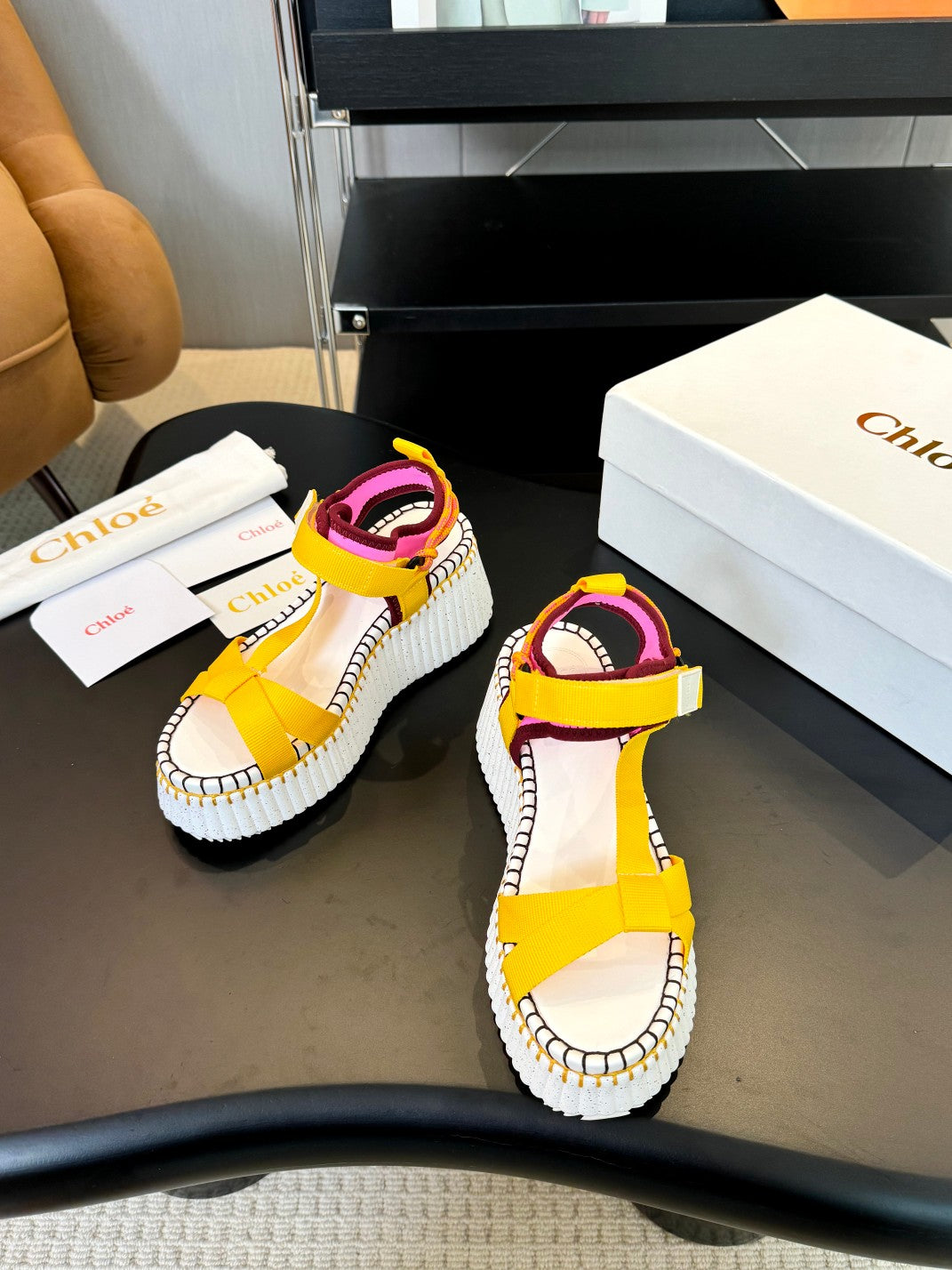 CHLOE NAMA WEDGE SANDALS IN BRIGHT YELLOW FABRIC AND WHITE RUBBER