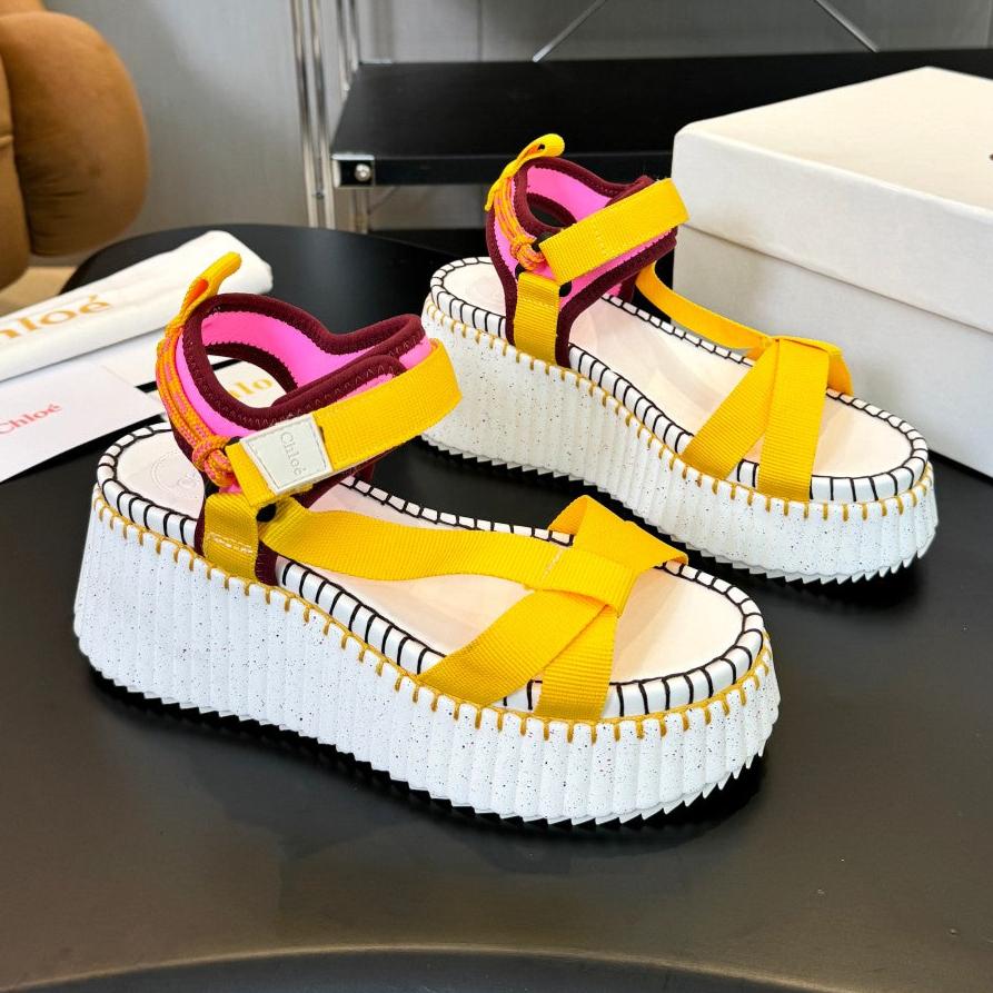 CHLOE NAMA WEDGE SANDALS IN BRIGHT YELLOW FABRIC AND WHITE RUBBER