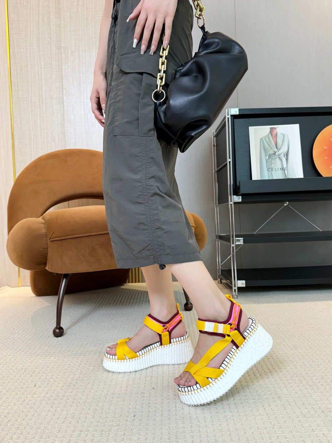 CHLOE NAMA WEDGE SANDALS IN BRIGHT YELLOW FABRIC AND WHITE RUBBER