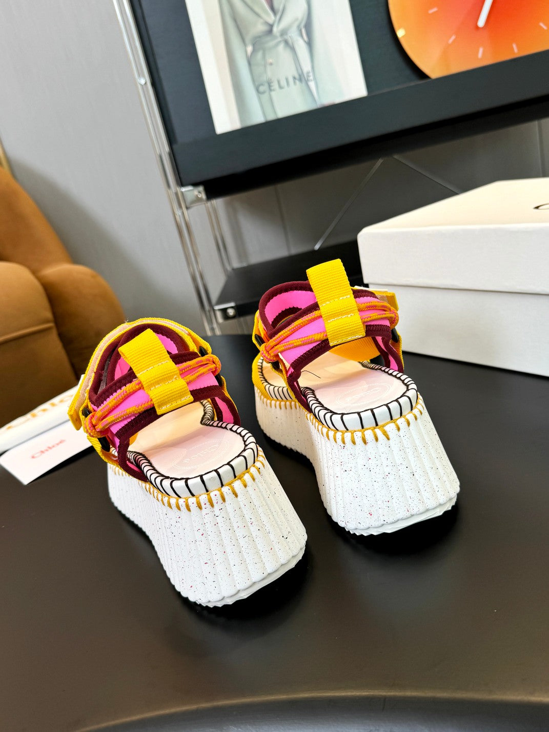 CHLOE NAMA WEDGE SANDALS IN BRIGHT YELLOW FABRIC AND WHITE RUBBER