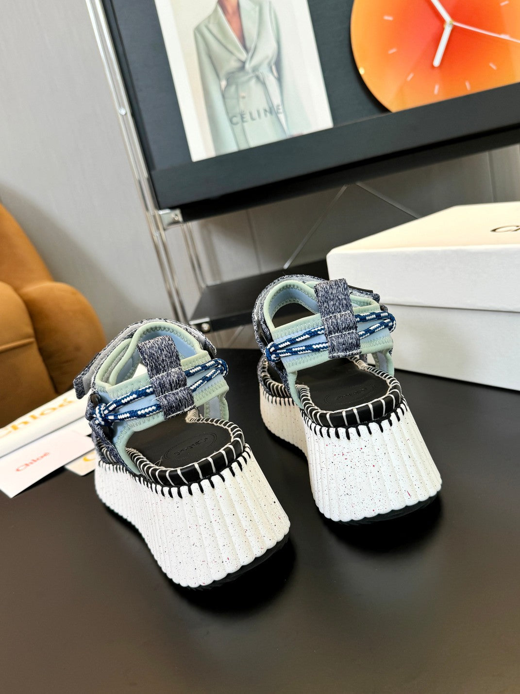 CHLOE NAMA WEDGE SANDALS IN GREY FABRIC AND WHITE RUBBER