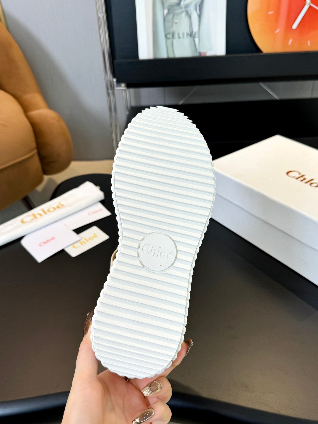 CHLOE NAMA WEDGE SANDALS IN BEIGE FABRIC AND WHITE RUBBER