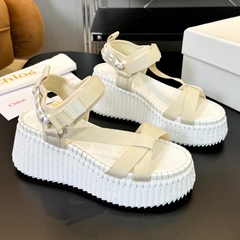 CHLOE NAMA WEDGE SANDALS IN BEIGE FABRIC AND WHITE RUBBER
