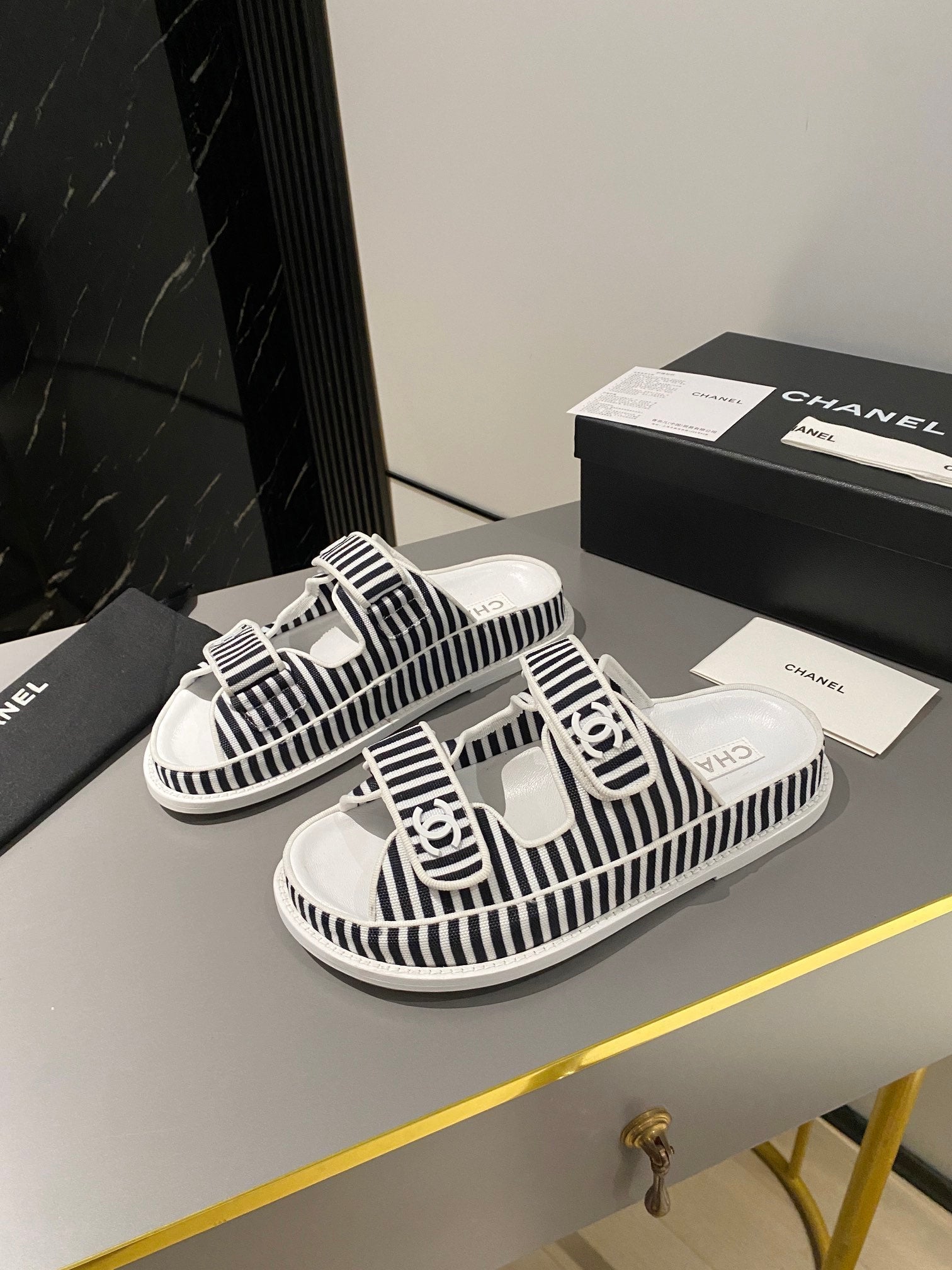 dad sandal mule striped black white fabric calfskin