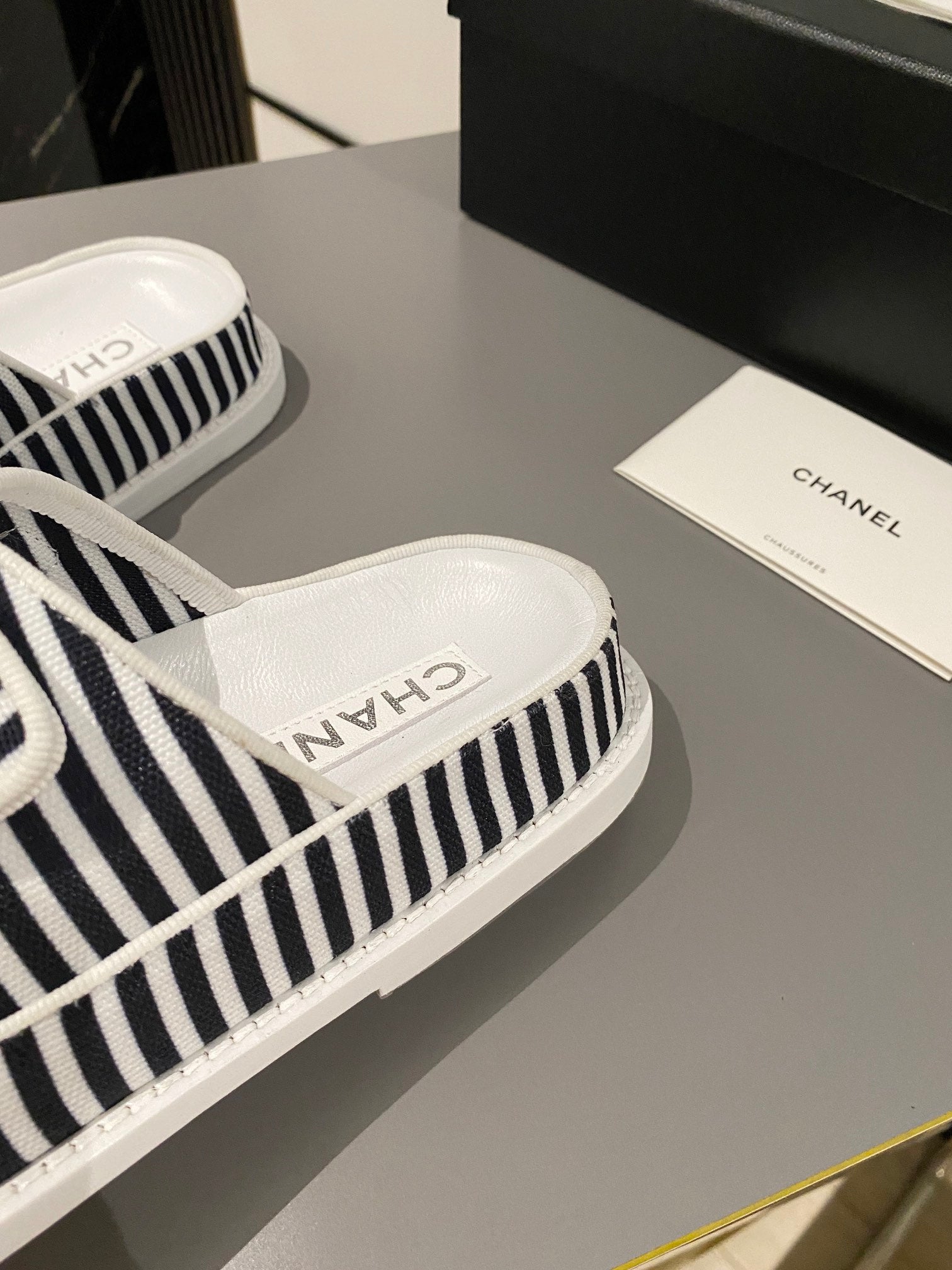 dad sandal mule striped black white fabric calfskin