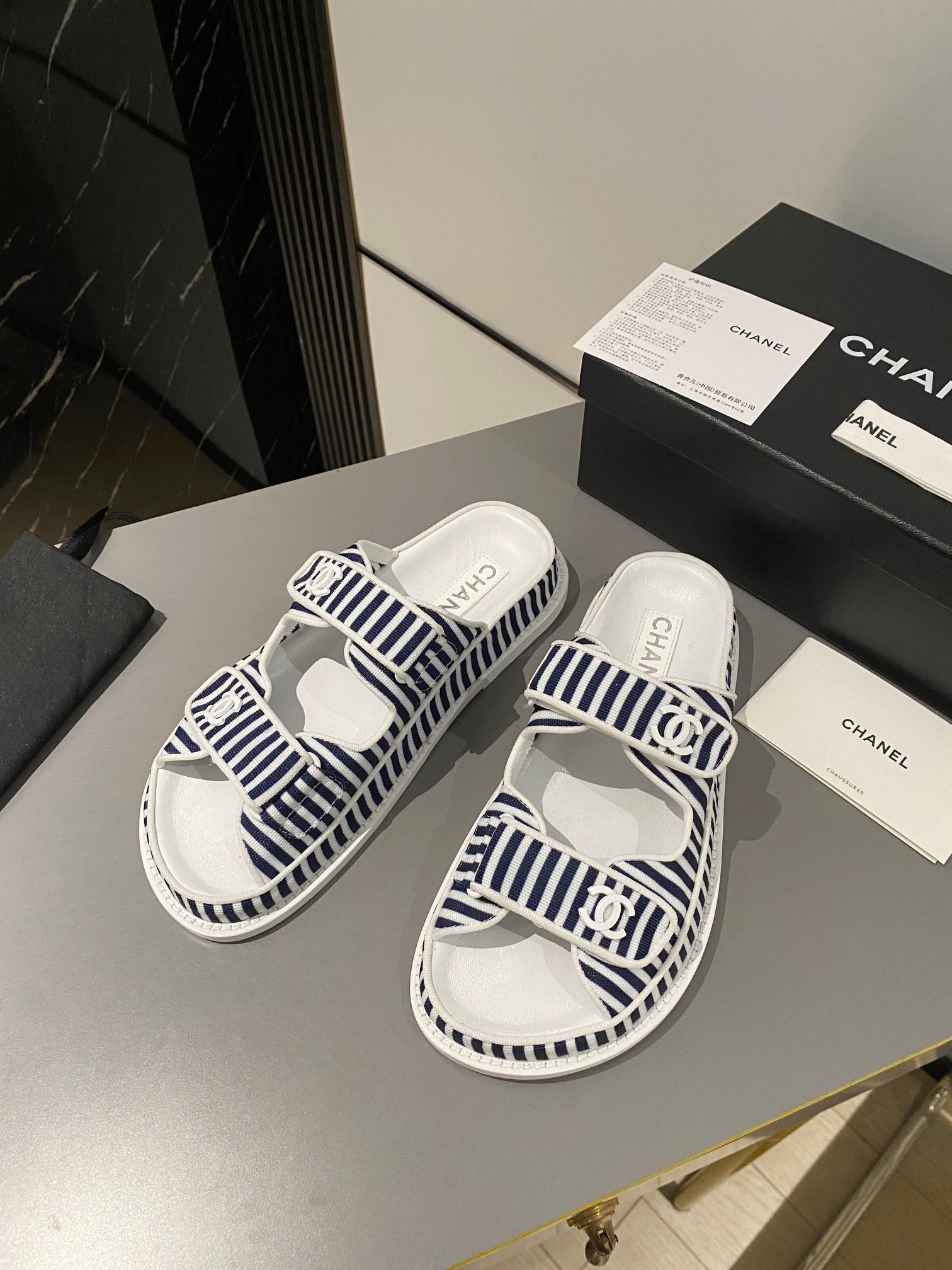 dad sandal mule striped black white fabric calfskin