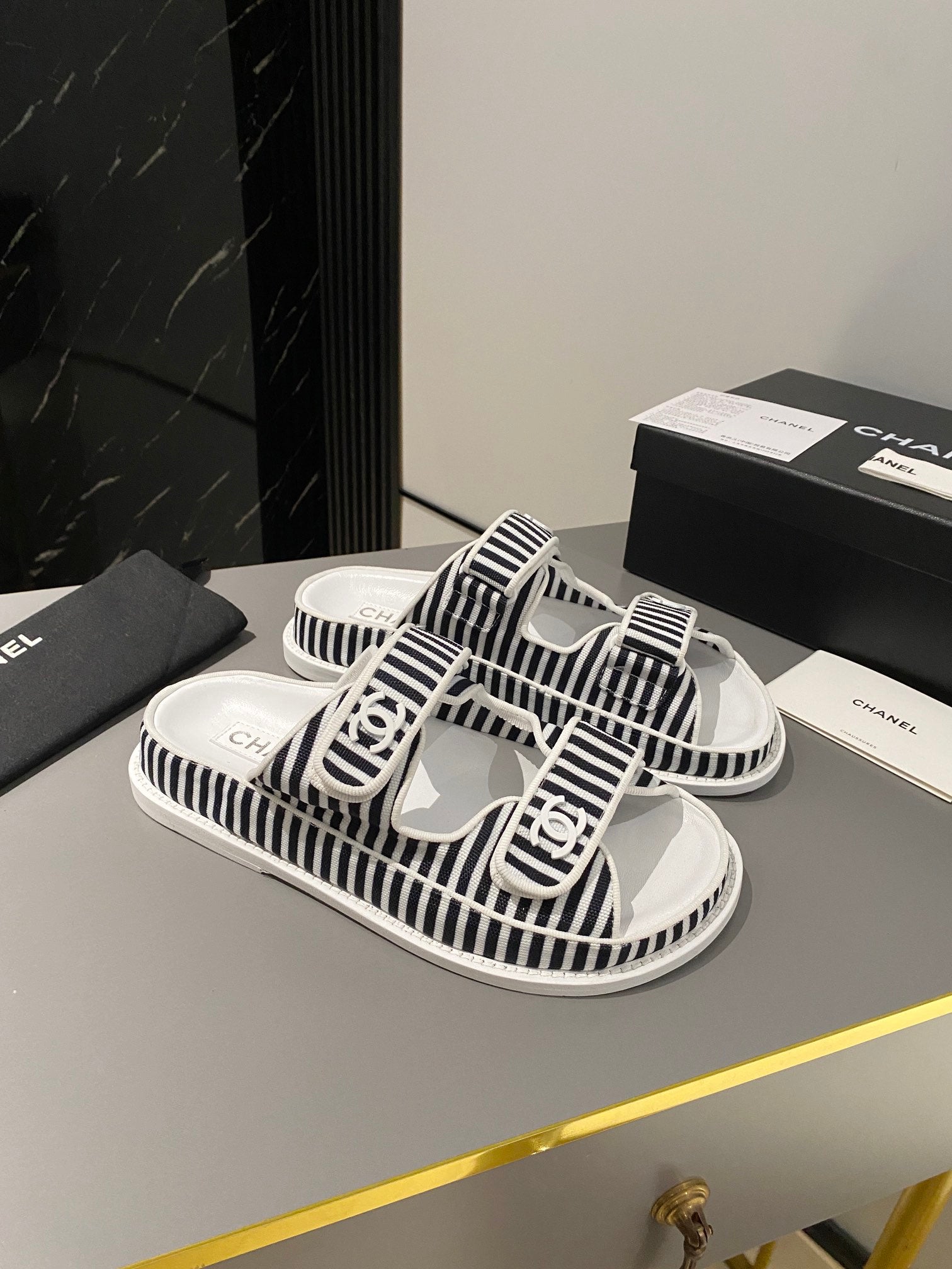 dad sandal mule striped black white fabric calfskin