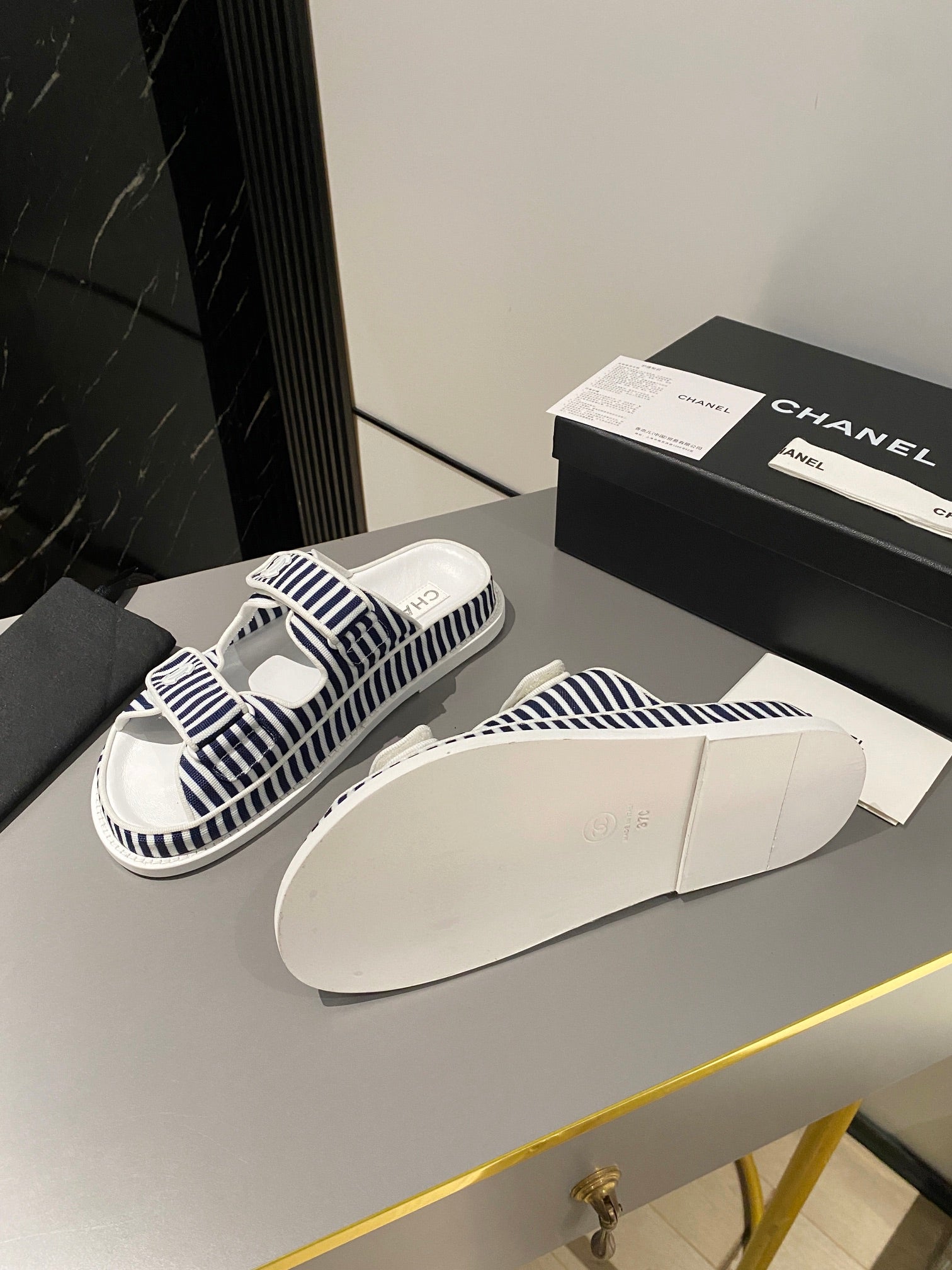 dad sandal mule striped dark blue white fabric calfskin