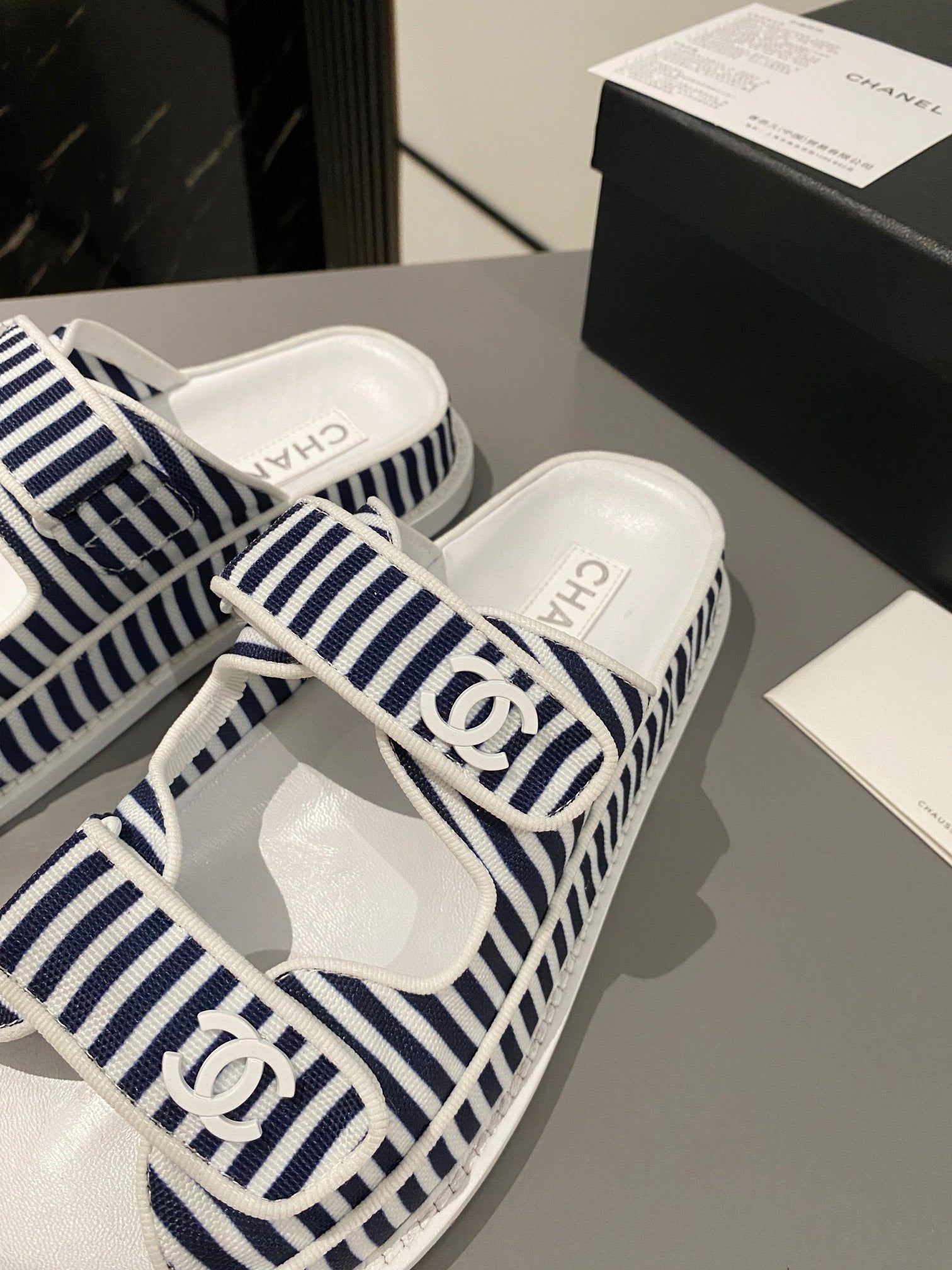 dad sandal mule striped dark blue white fabric calfskin