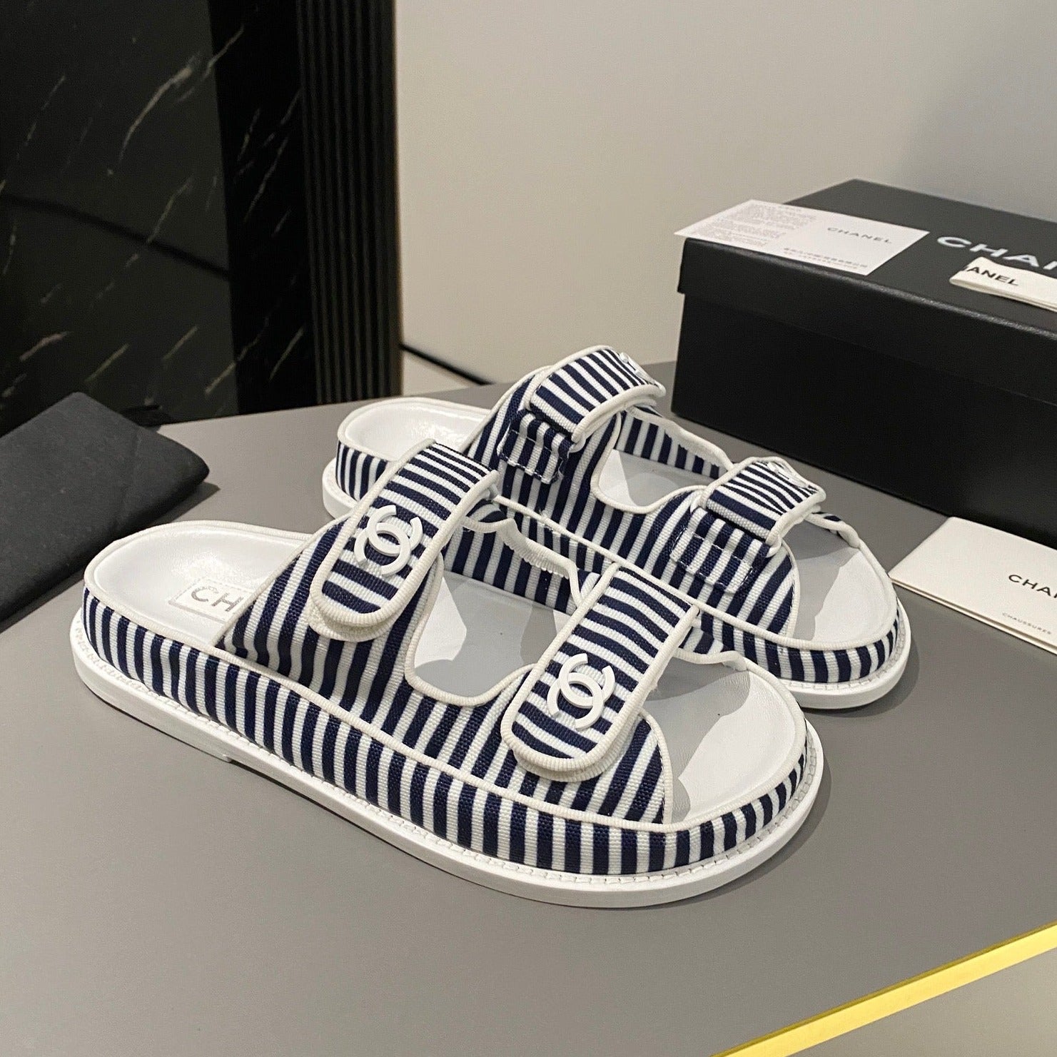 dad sandal mule striped dark blue white fabric calfskin