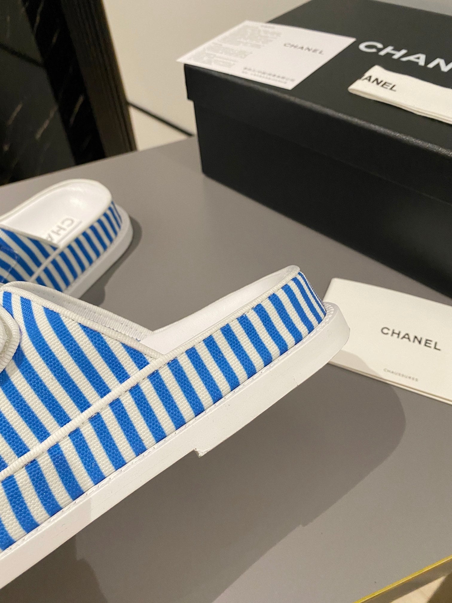 dad sandal mule striped ocean blue white fabric calfskin