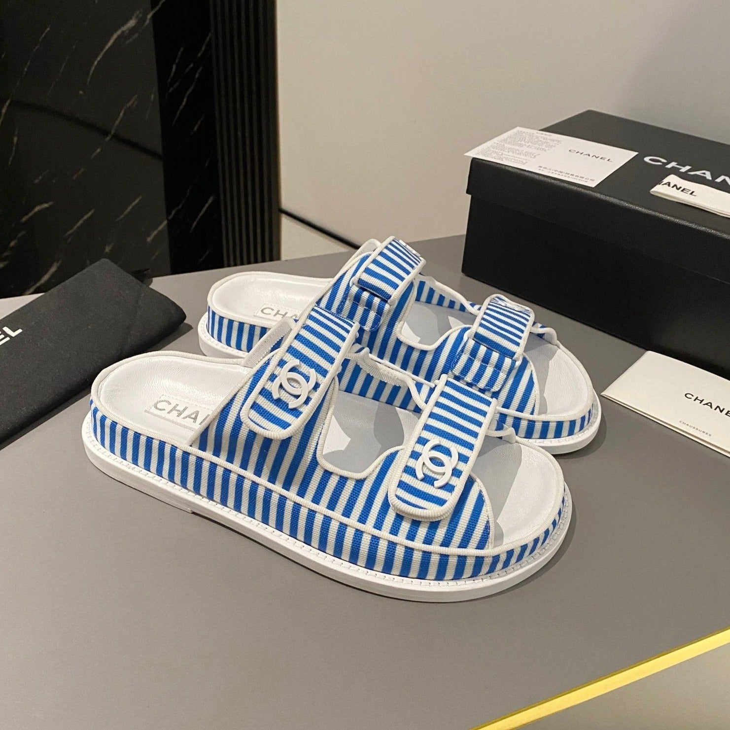 dad sandal mule striped ocean blue white fabric calfskin