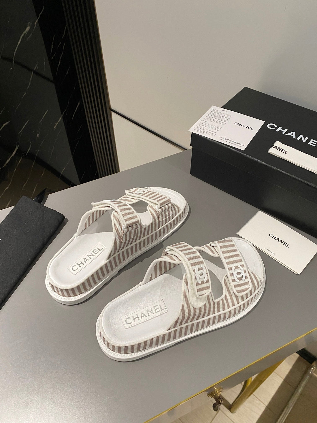 dad sandal mule striped brown white fabric calfskin