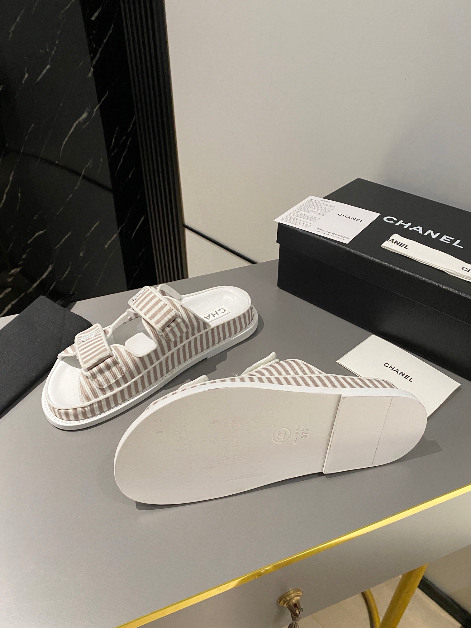 dad sandal mule striped brown white fabric calfskin