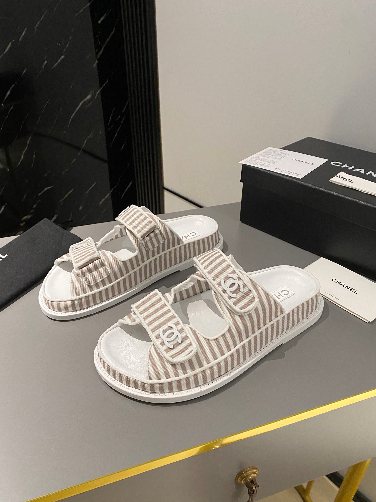 dad sandal mule striped brown white fabric calfskin