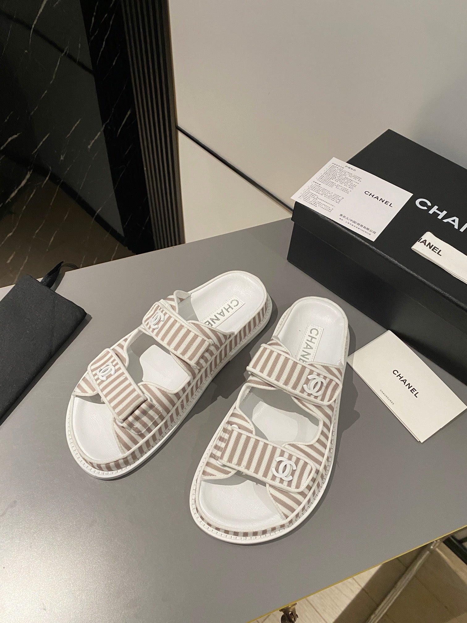 dad sandal mule striped brown white fabric calfskin