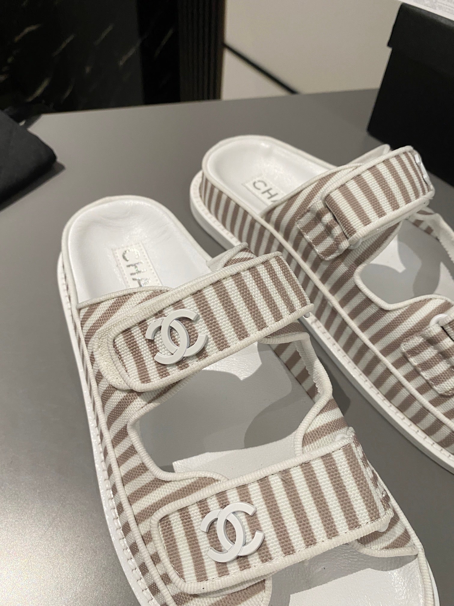 dad sandal mule striped brown white fabric calfskin